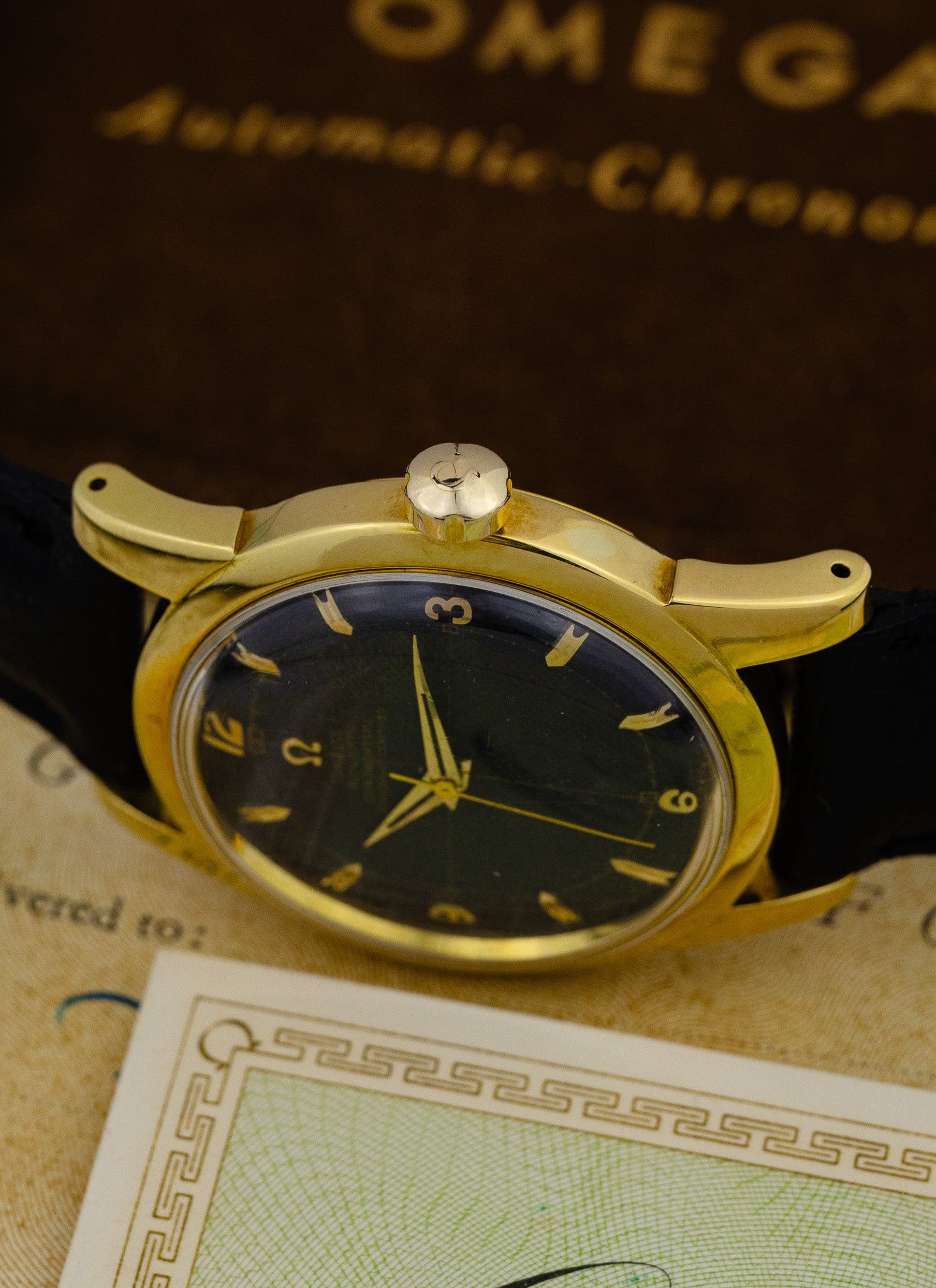 1954 18K Omega Seamaster Chronometre Black Honeycomb 2577-2520 Full Set