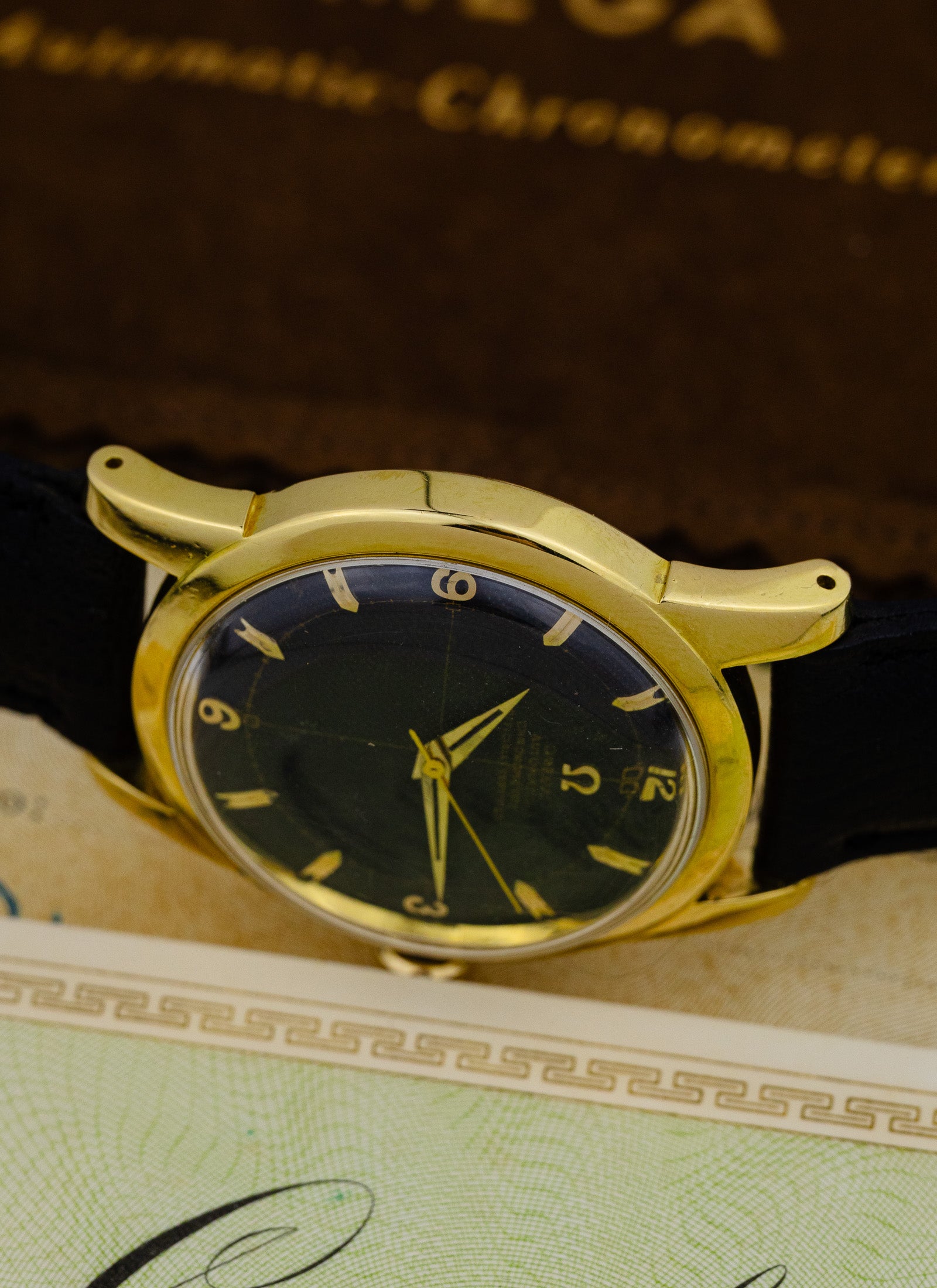 1954 18K Omega Seamaster Chronometre Black Honeycomb 2577-2520 Full Set