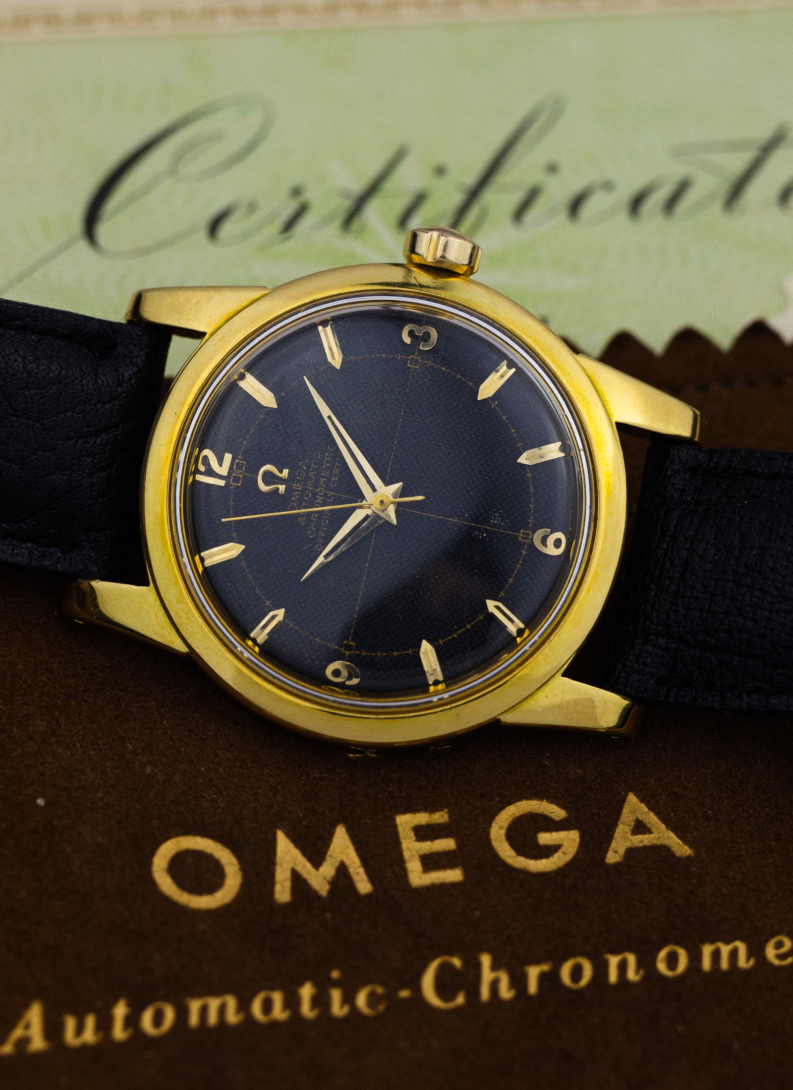 1954 18K Omega Seamaster Chronometre Black Honeycomb 2577-2520 Full Set