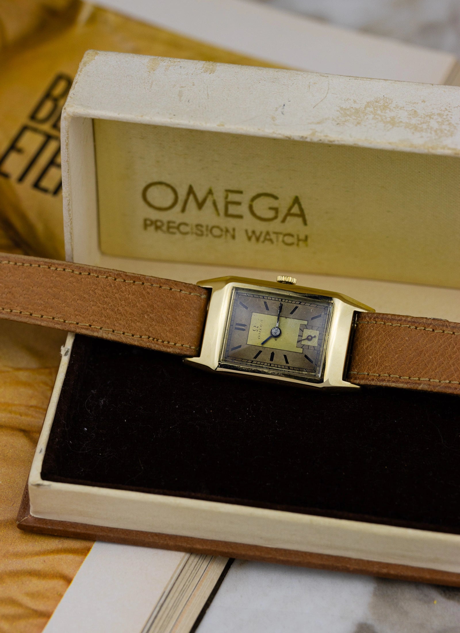 1940s 14K Omega Tank Art Deco Dial Box