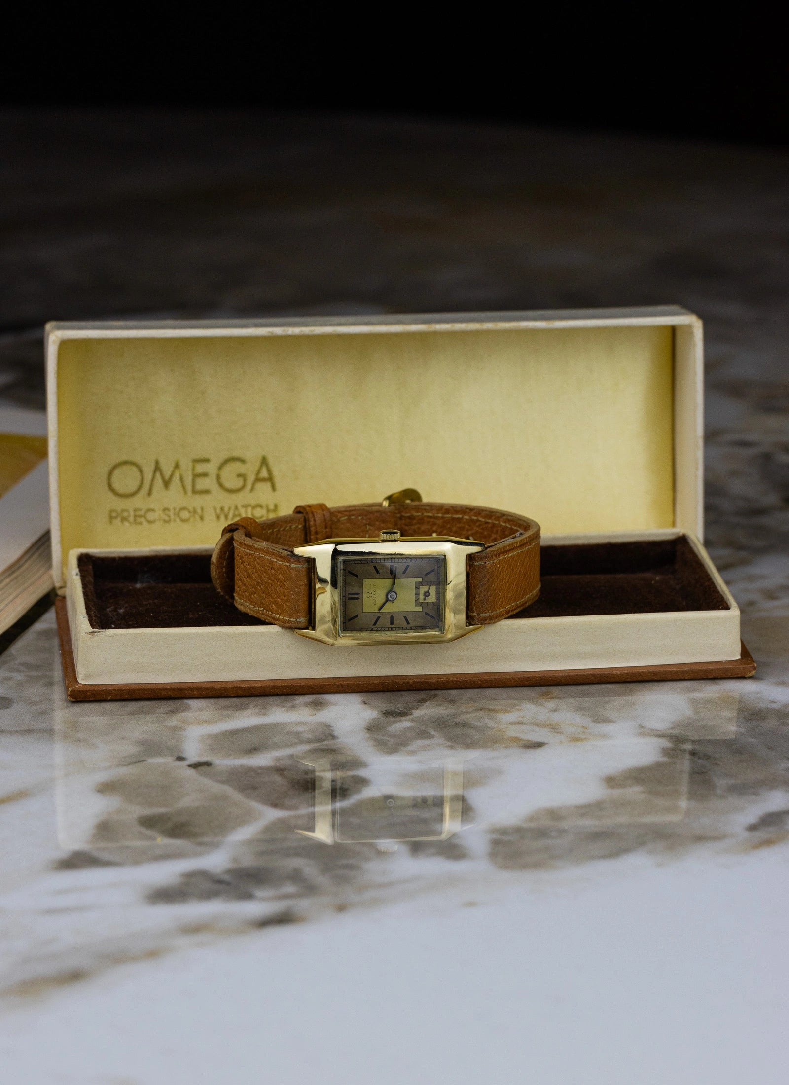 1940s 14K Omega Tank Art Deco Dial Box