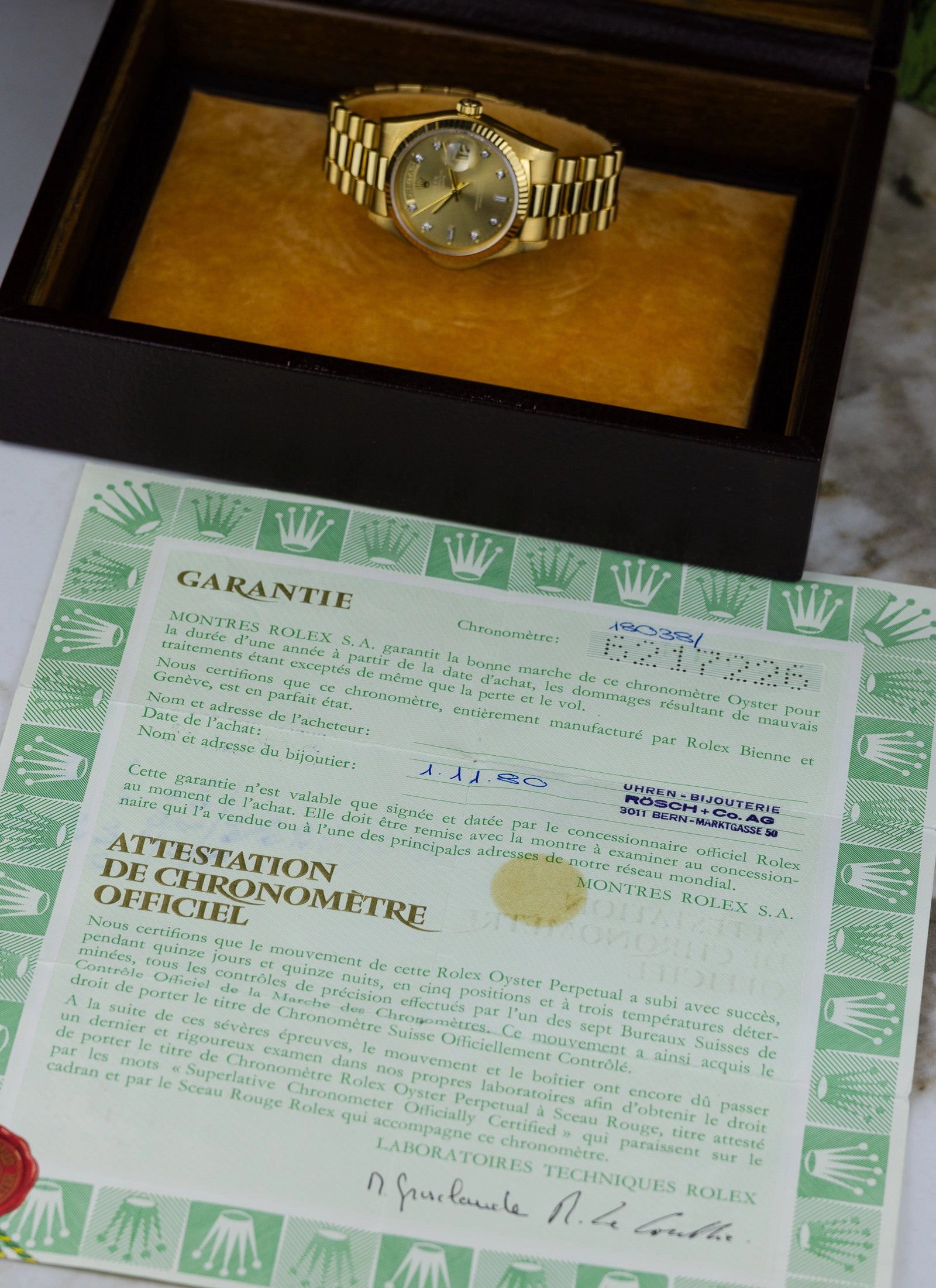 1979 18K Rolex Day-Date Havana Ghost Diamond Dial 18038 Box & Papers