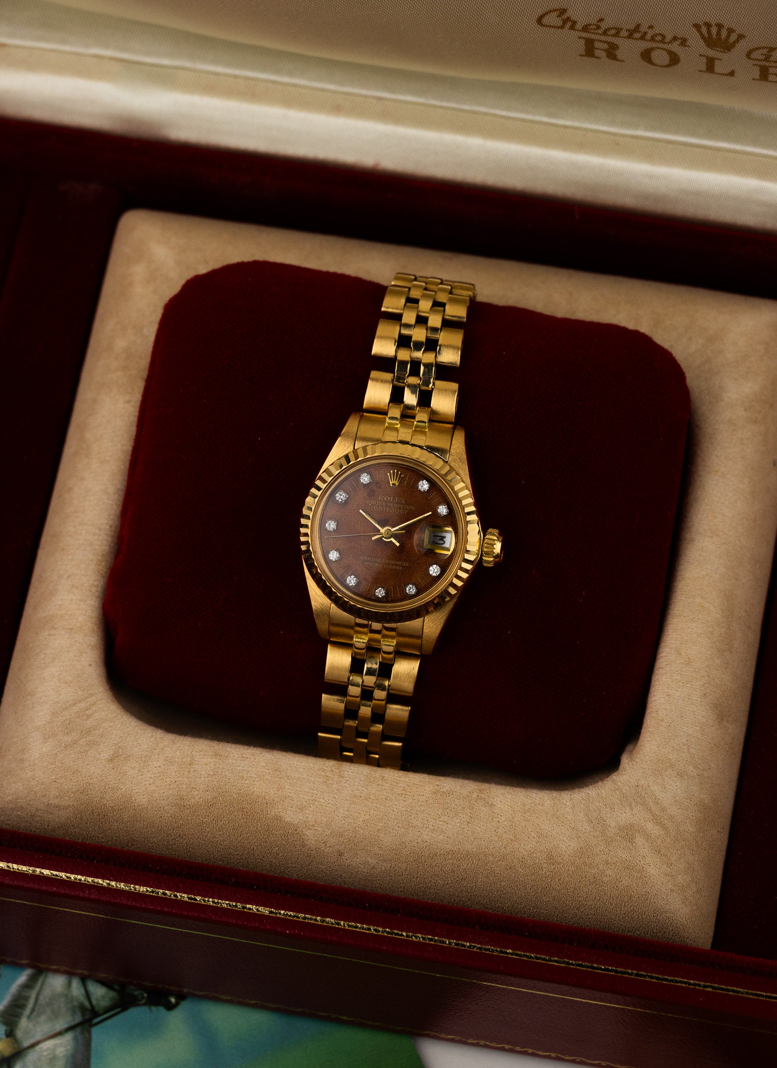 1979 18K Lady Rolex Datejust Wooden Diamonds Dial 6917 Serviced Box