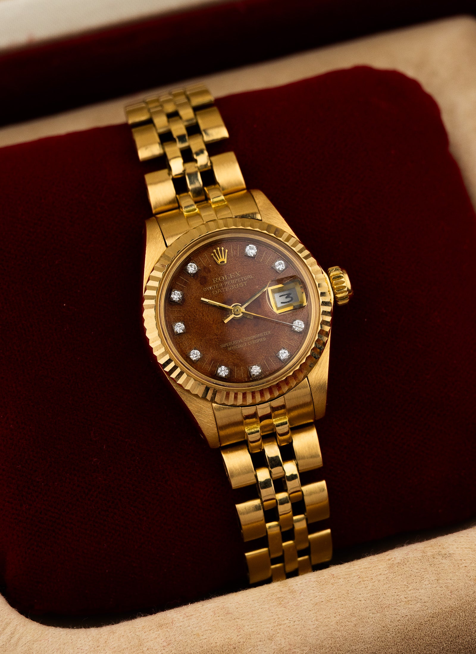 1979 18K Lady Rolex Datejust Wooden Diamonds Dial 6917 Serviced Box