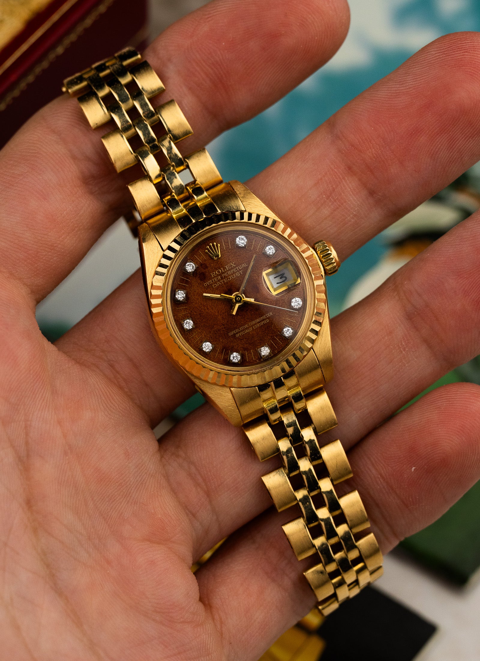 1979 18K Lady Rolex Datejust Wooden Diamonds Dial 6917 Serviced Box