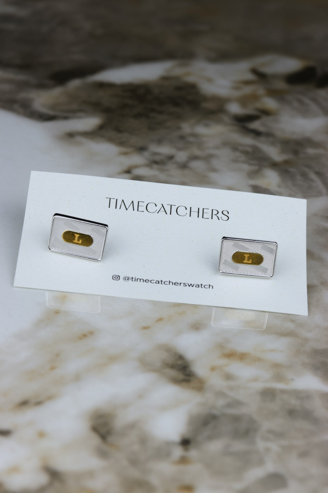 Longines – stalowe prostokątne spinki ze złotą literą L (SP017)