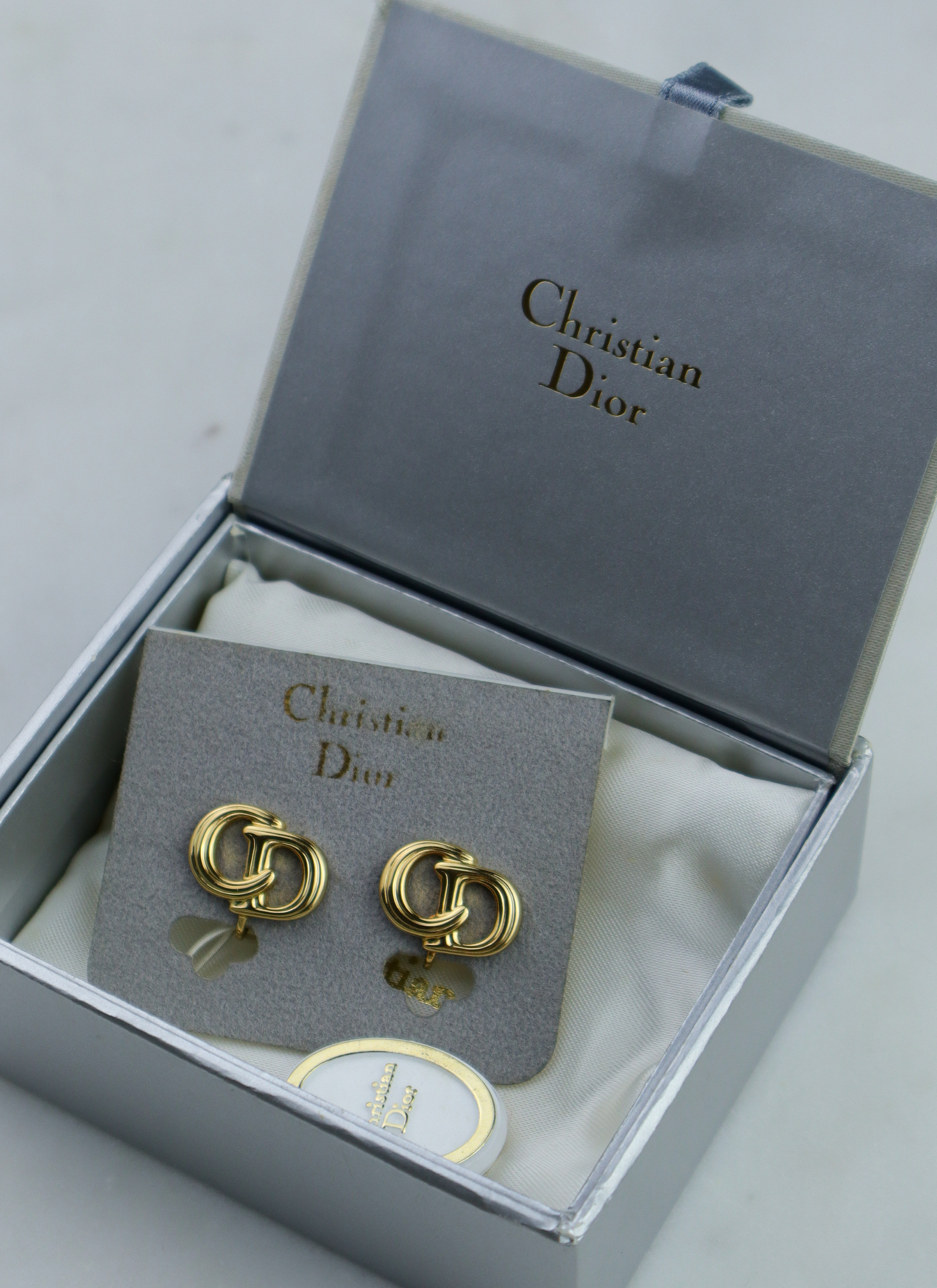 Christian Dior - klipsy vintage ryflowane CD set z pudełkiem