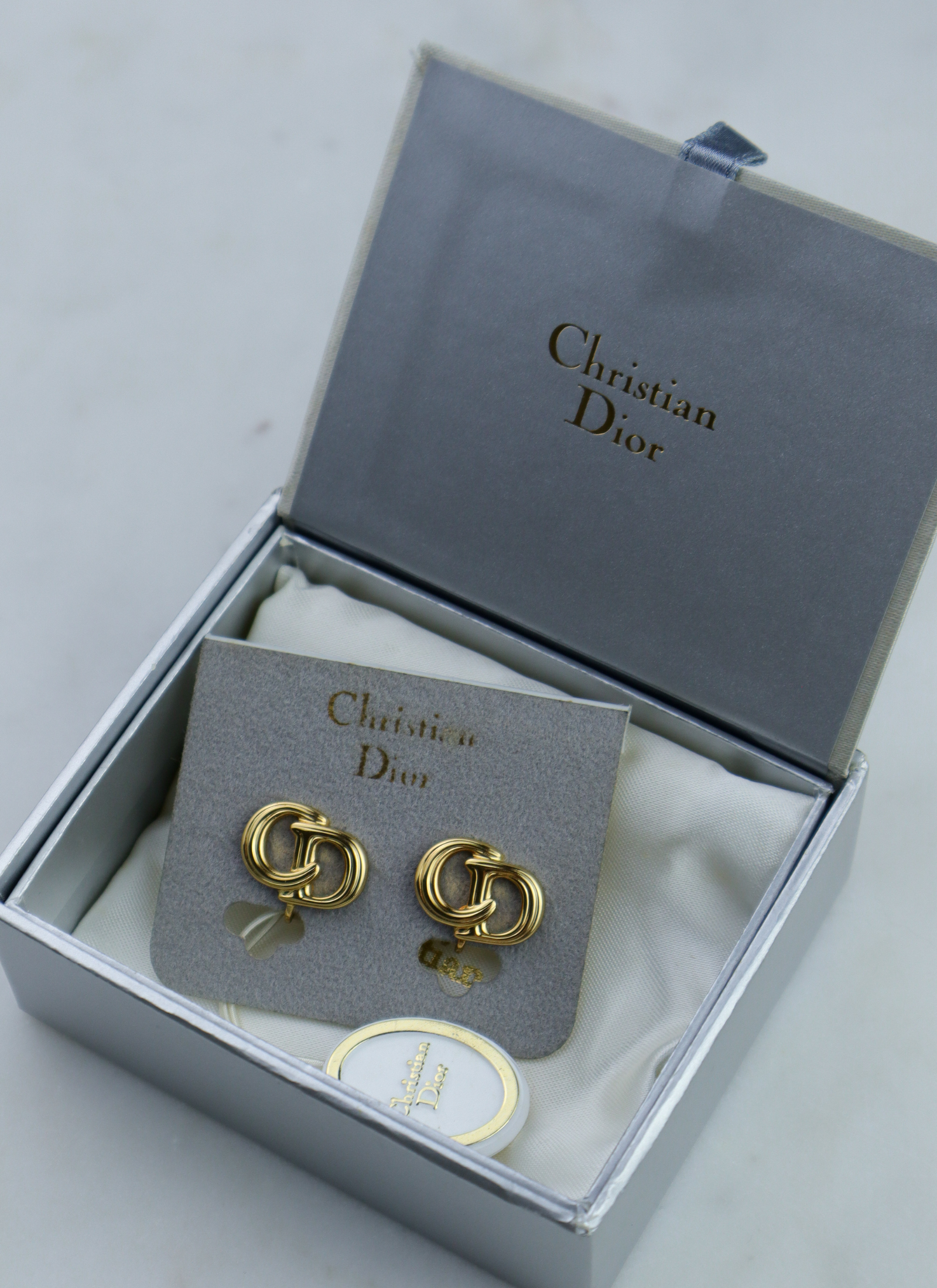 Christian Dior - klipsy vintage ryflowane CD set z pudełkiem