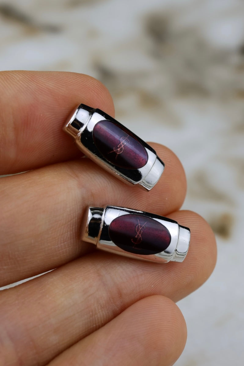 Yves Saint Laurent – stalowe podłużne spinki z purpurowym wypełnieniem i logo (SP020)