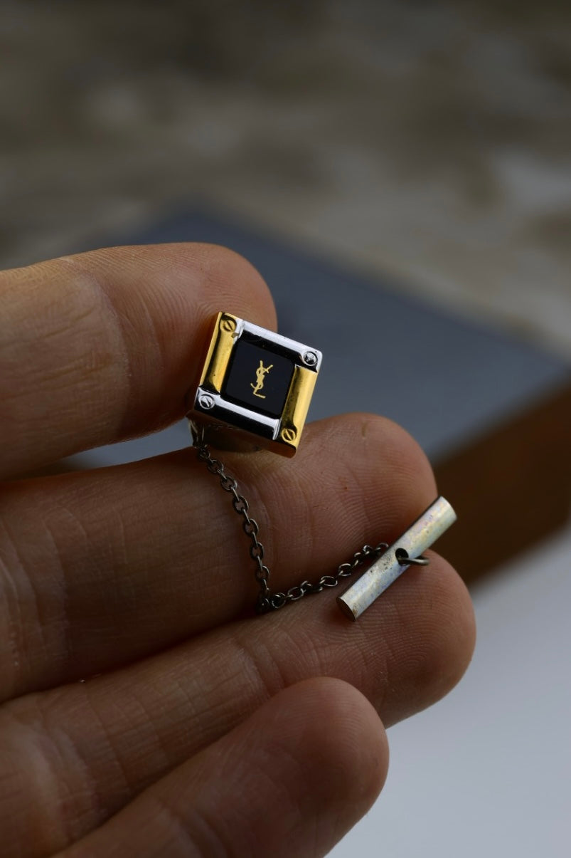 Yves Saint Laurent – zestaw spinki, srebrno-złote z czarnym emaliowanym detalem (S25)