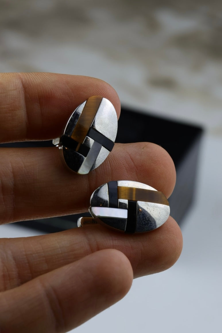 Savile Row – stalowe spinki do mankietów z czarnym i brązowym akcentem (S50)