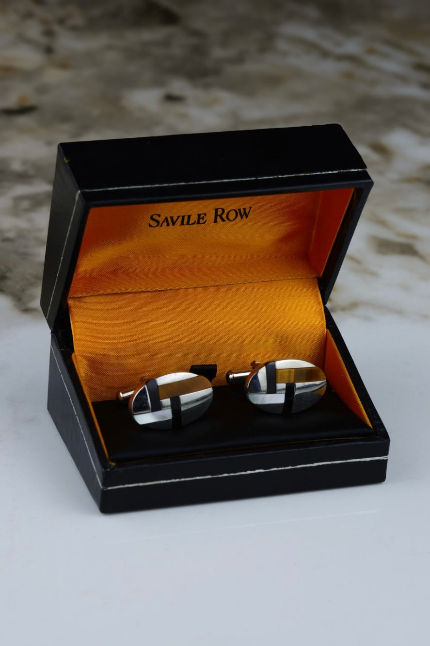 Savile Row – stalowe spinki do mankietów z czarnym i brązowym akcentem (S50)