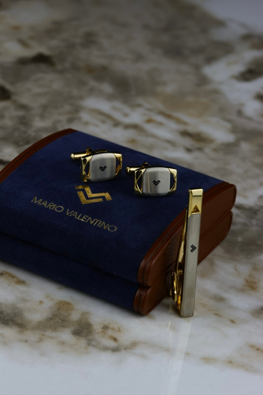 Mario Valentino - zestaw spinki do mankietów i spinka do krawata, złoto-stalowy (S22)