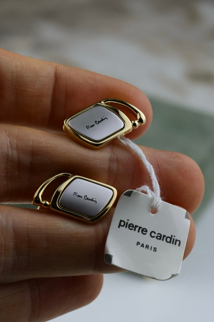 Pierre Cardin – zestaw spinek do mankietów i krawata stalowo-złoty z logo (S44)