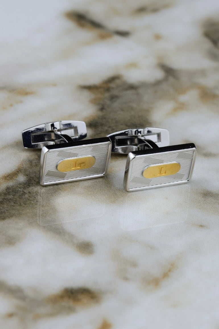 Longines – stalowe prostokątne spinki ze złotą literą L (SP017)