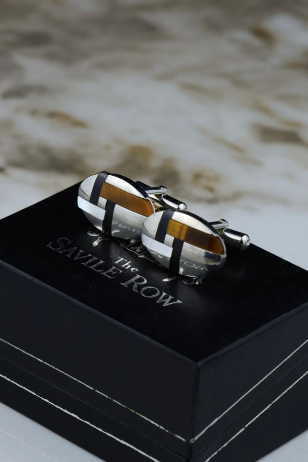Savile Row – stalowe spinki do mankietów z czarnym i brązowym akcentem (S50)