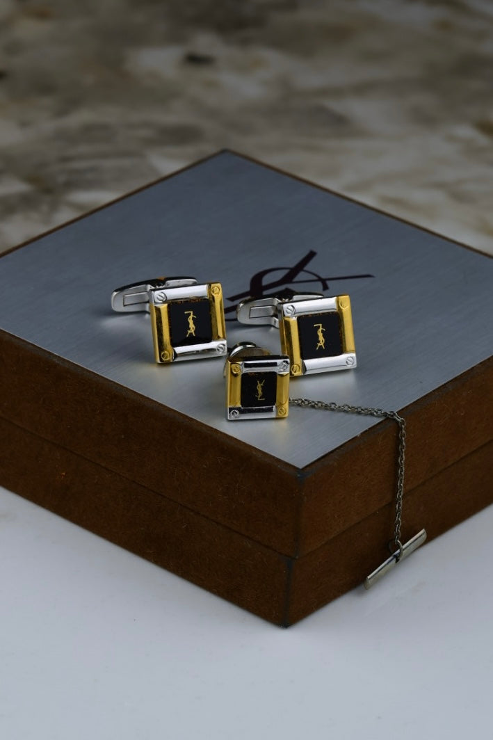 Yves Saint Laurent – zestaw spinki, srebrno-złote z czarnym emaliowanym detalem (S25)