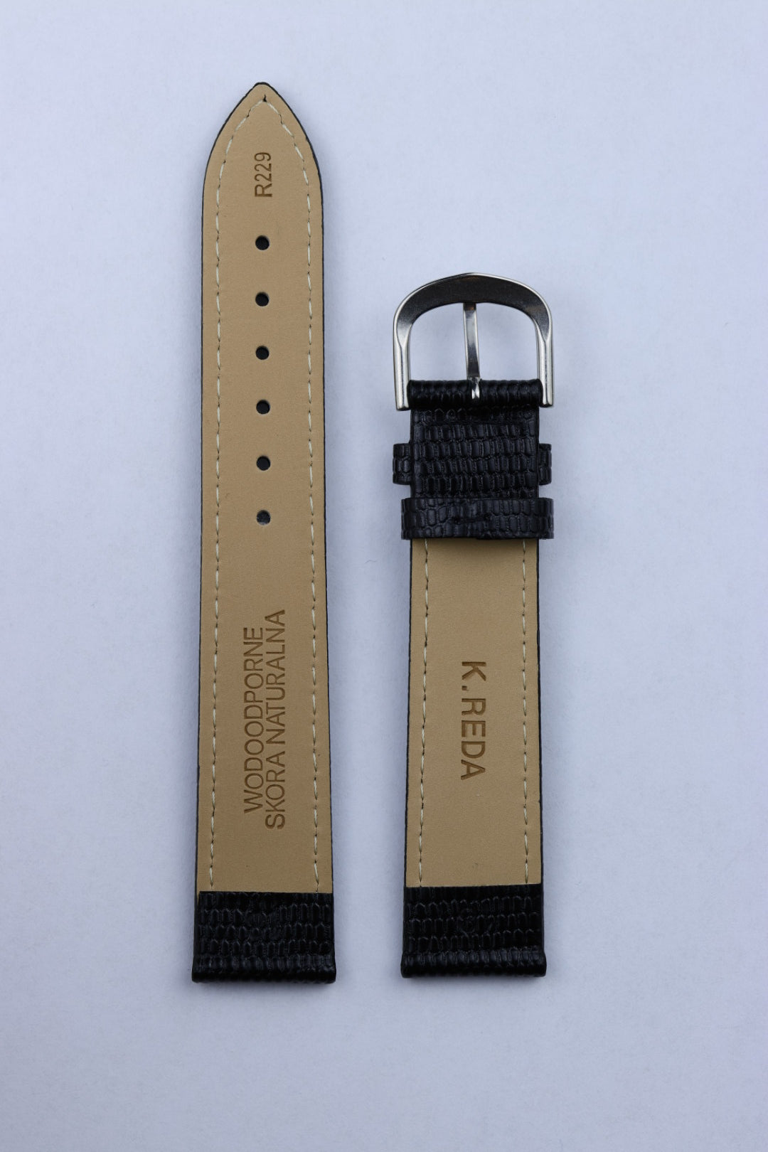 Pasek skórzany K.REDA czarna jaszczurka z czarnym przeszyciem (P049)