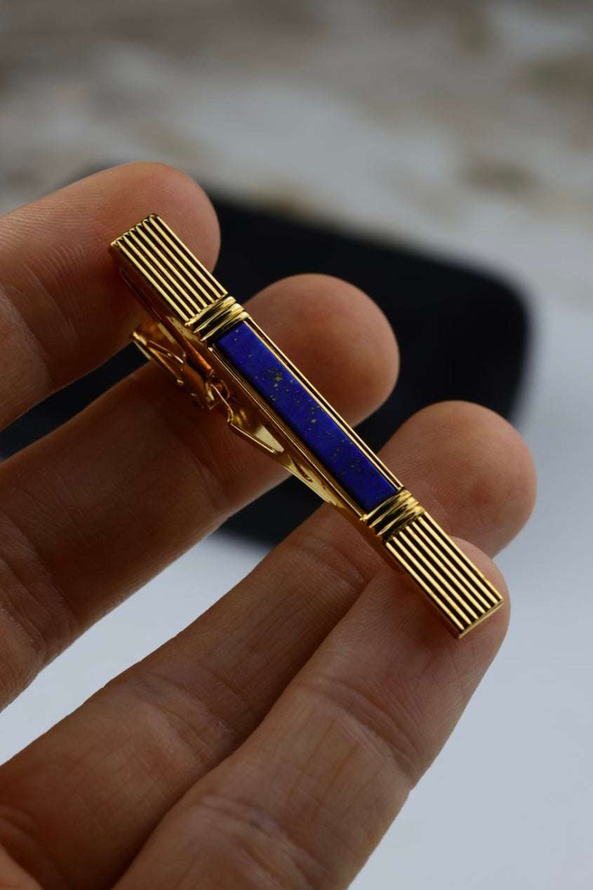 Lanvin – zestaw spinek do mankietów i krawata pozłacany z kamieniem a`la lapis lazuli (S48)