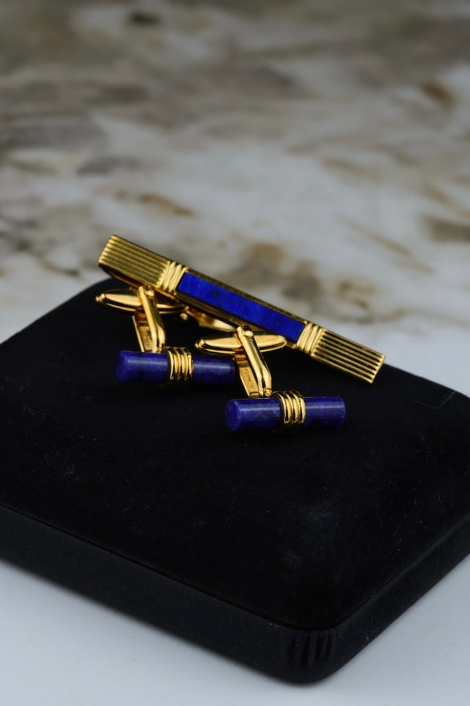 Lanvin – zestaw spinek do mankietów i krawata pozłacany z kamieniem a`la lapis lazuli (S48)