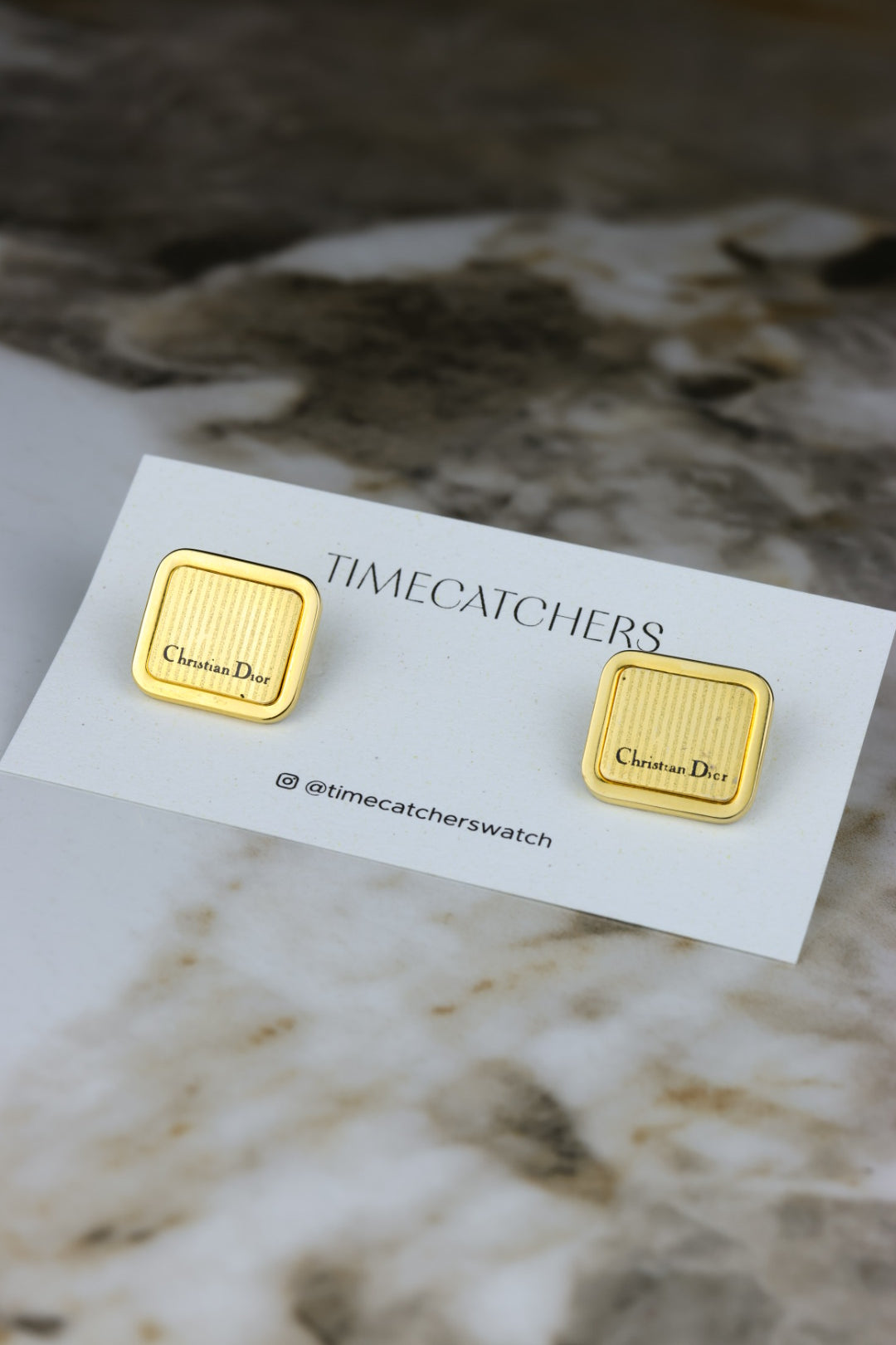 Christian Dior – kwadratowe pozłacane spinki z motywem tapestry (SP025)