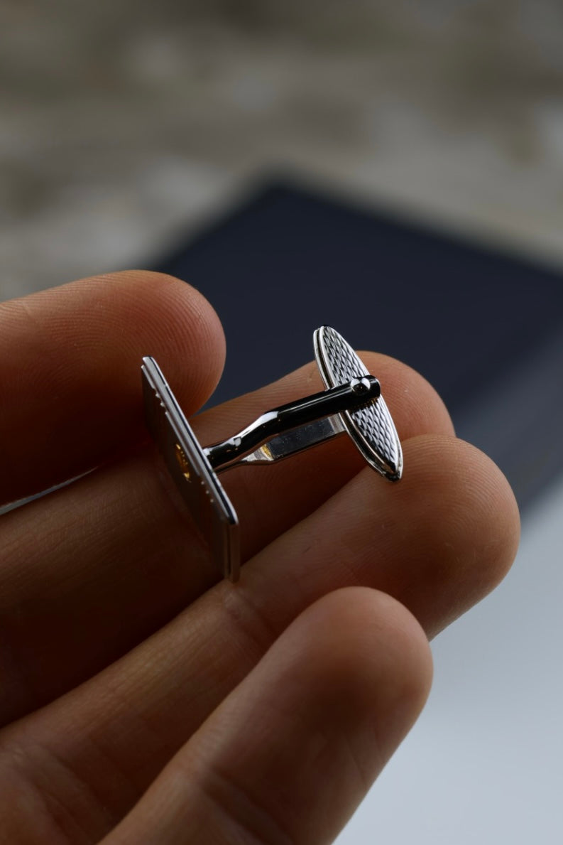 Dunhill – spinki do mankietów i spinka do krawatu, stal szczotkowana ze złotymi akcentami (S39)