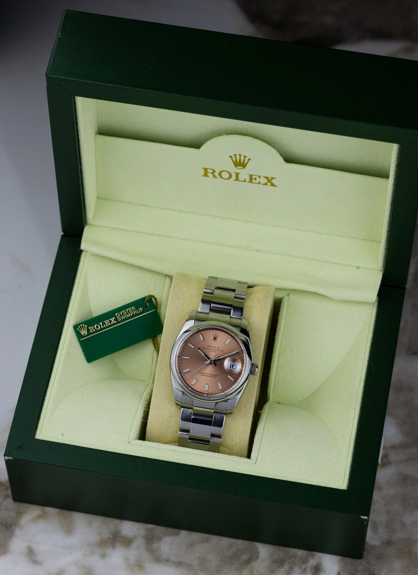 2007 Rolex Oyster Perpetual Date Salmon Dial 115200 Box
