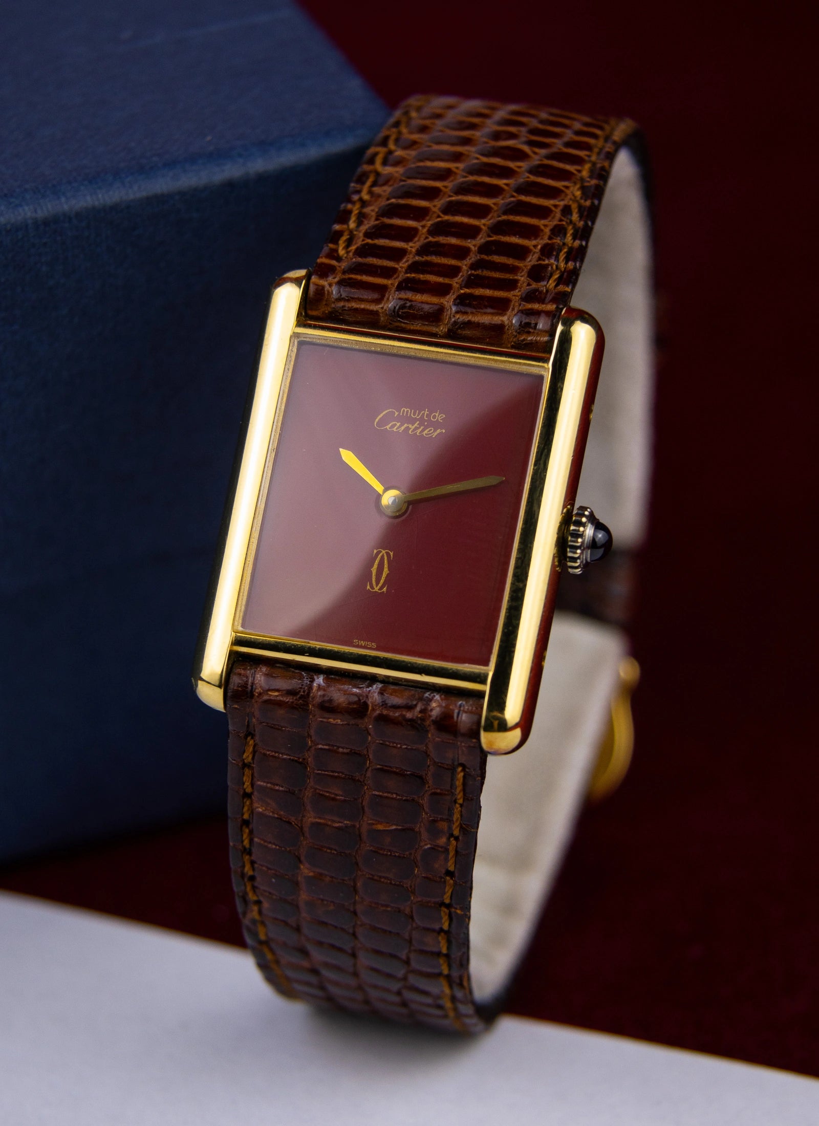 Ca. 1980s Must de Cartier Tank 59005 Burgundy Dial