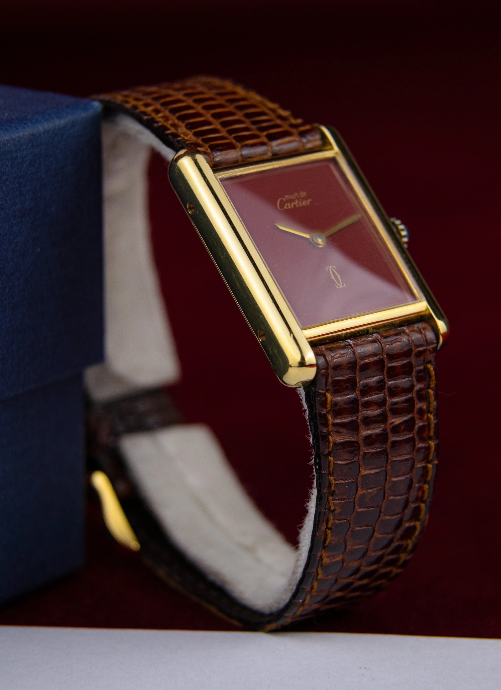 Ca. 1980s Must de Cartier Tank 59005 Burgundy Dial