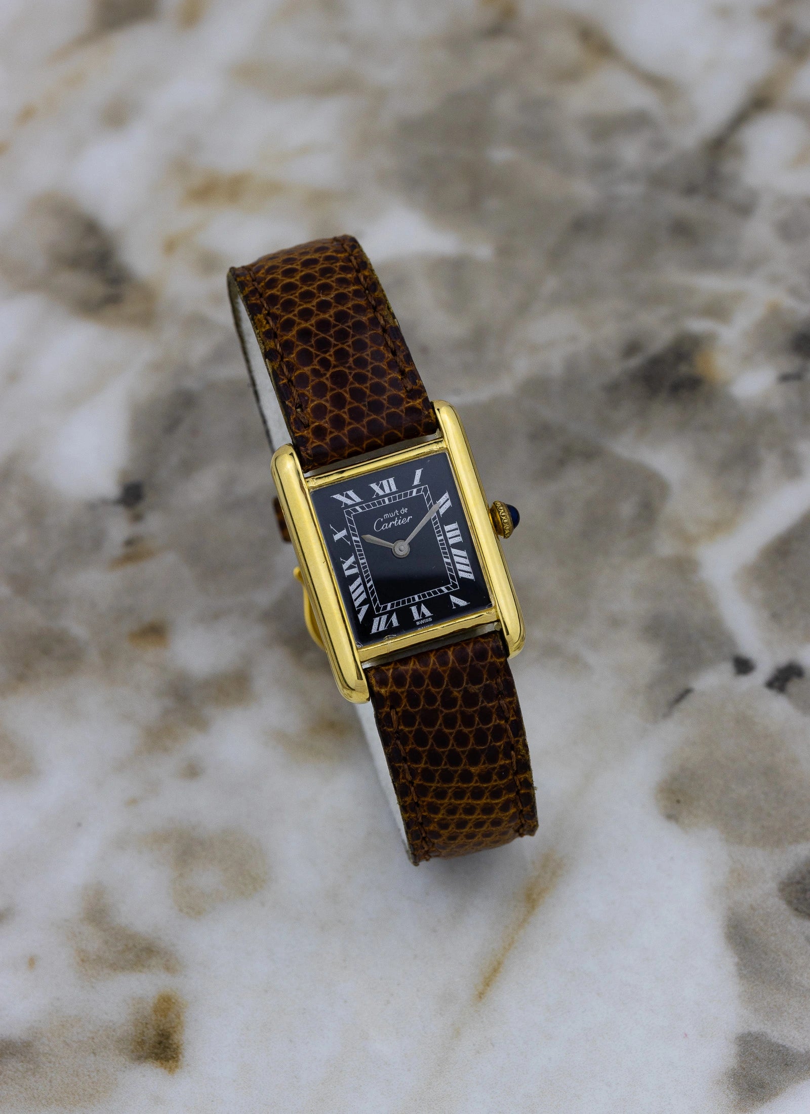 1980s Cartier Tank Vermeil Black Roman Dial