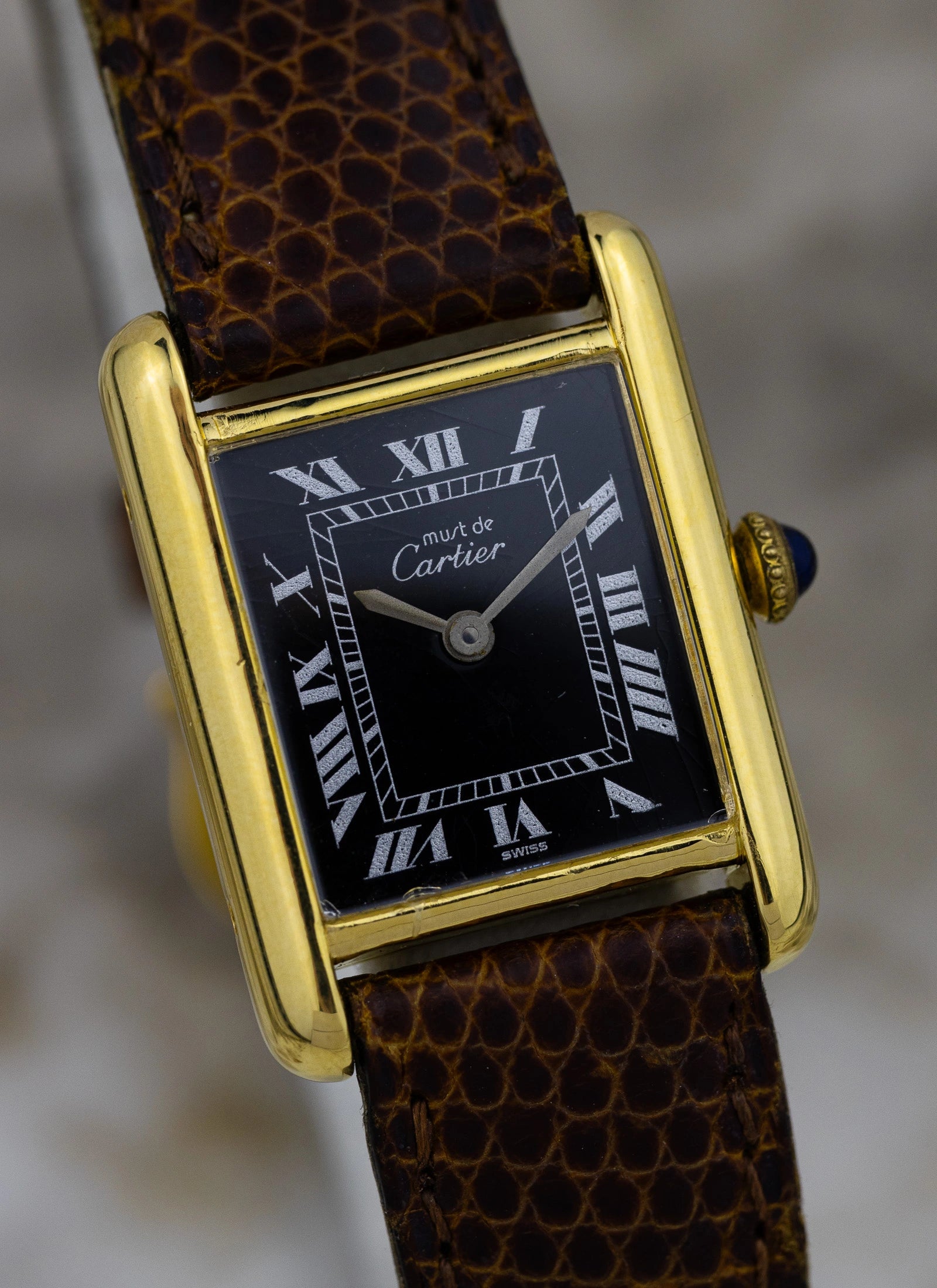 1980s Cartier Tank Vermeil Black Roman Dial