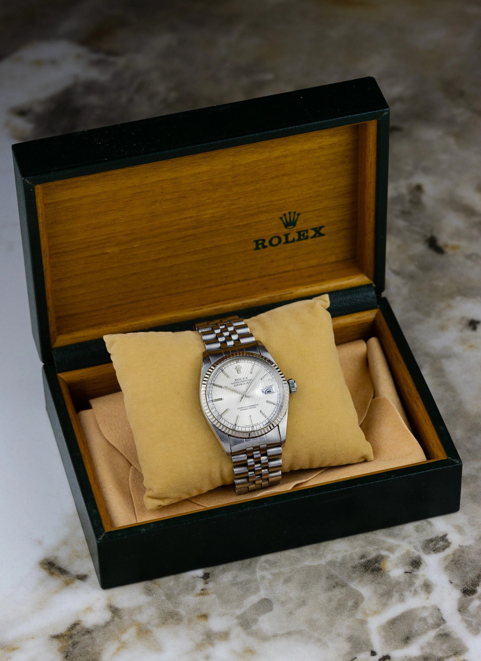 1984 Rolex Datejust Silver Tapestry Dial 16014 Box