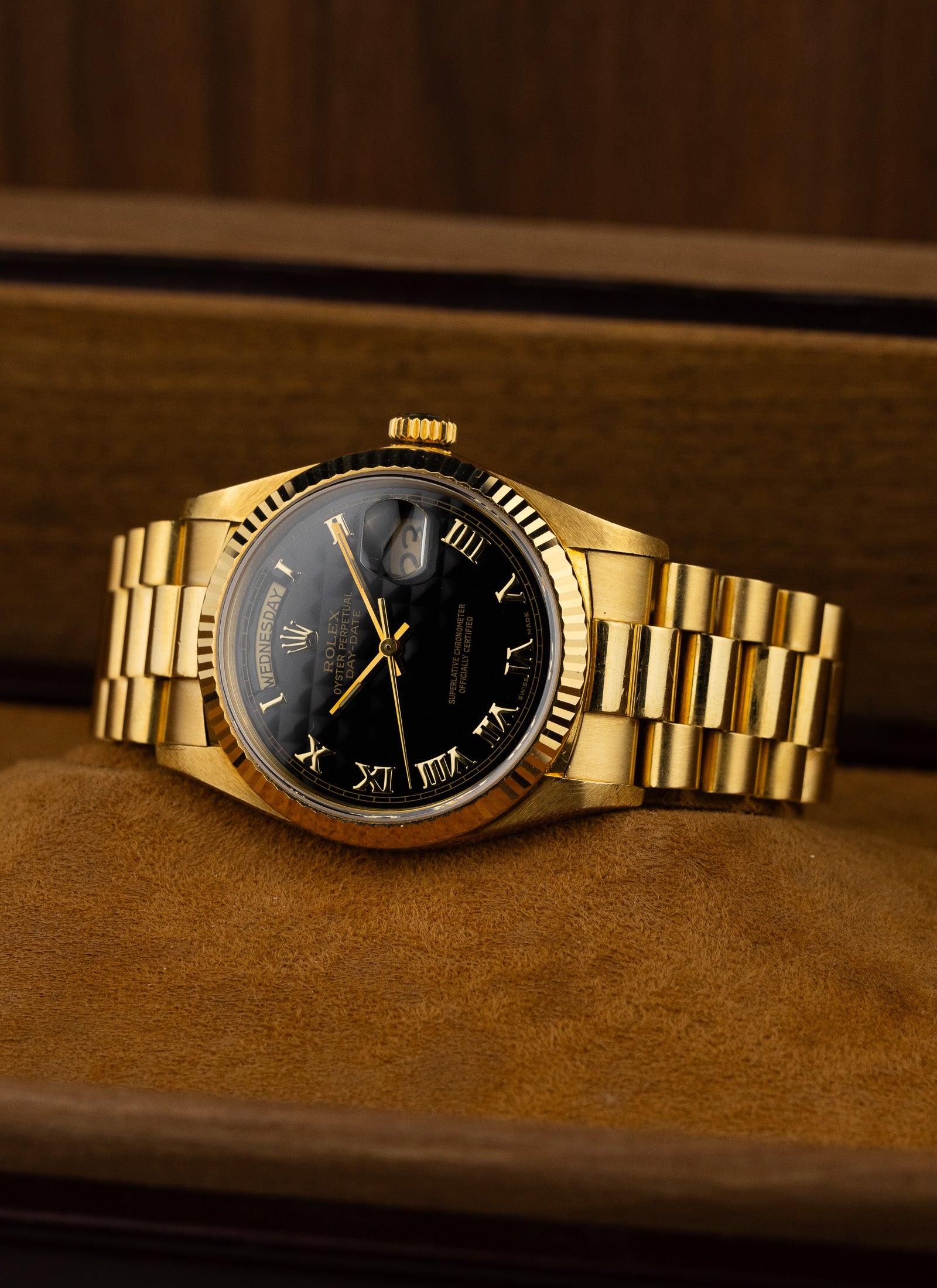 1981 18K Rolex Day-Date Black Pyramid Dial 18038 Box