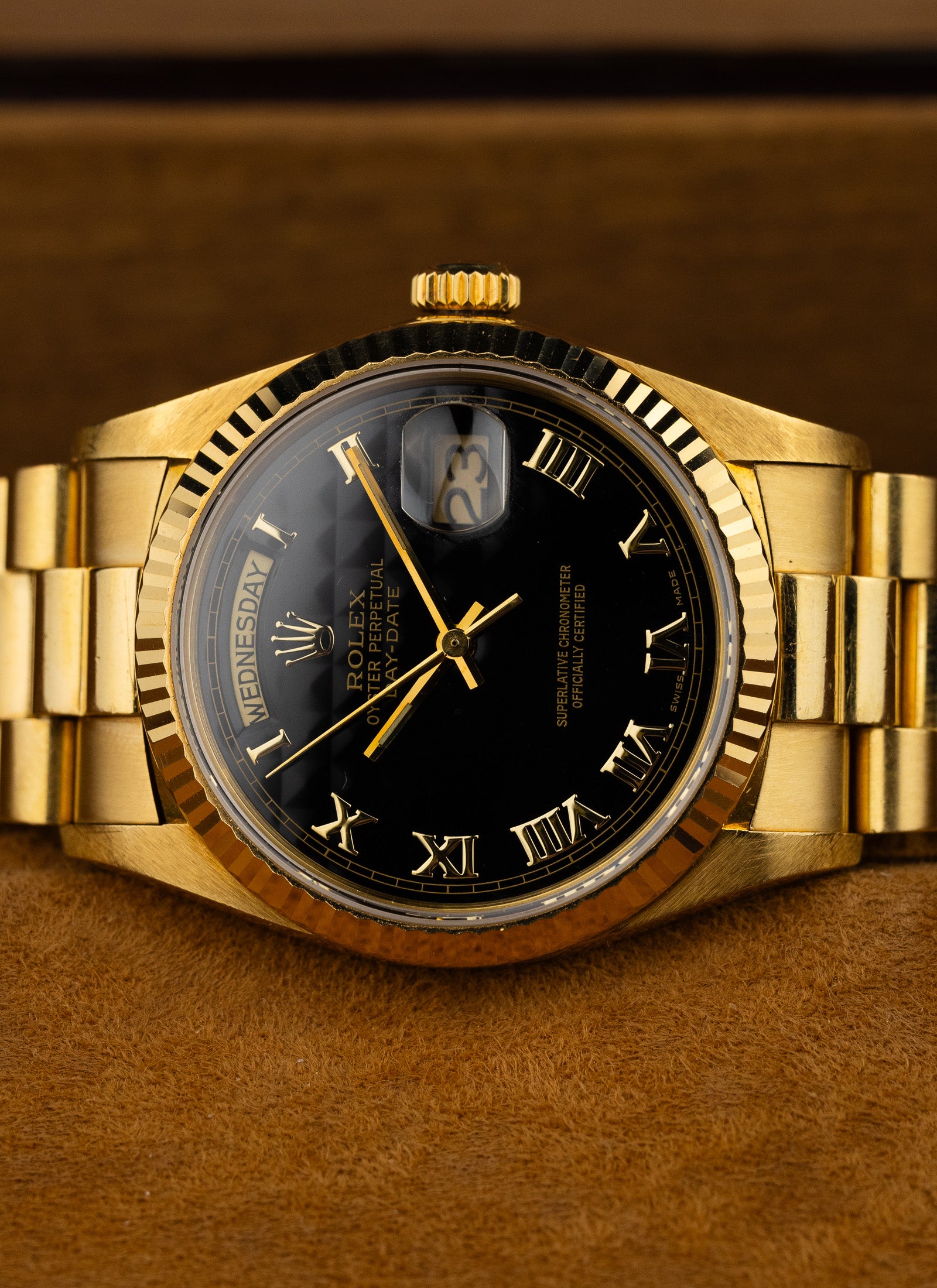 1981 18K Rolex Day-Date Black Pyramid Dial 18038 Box