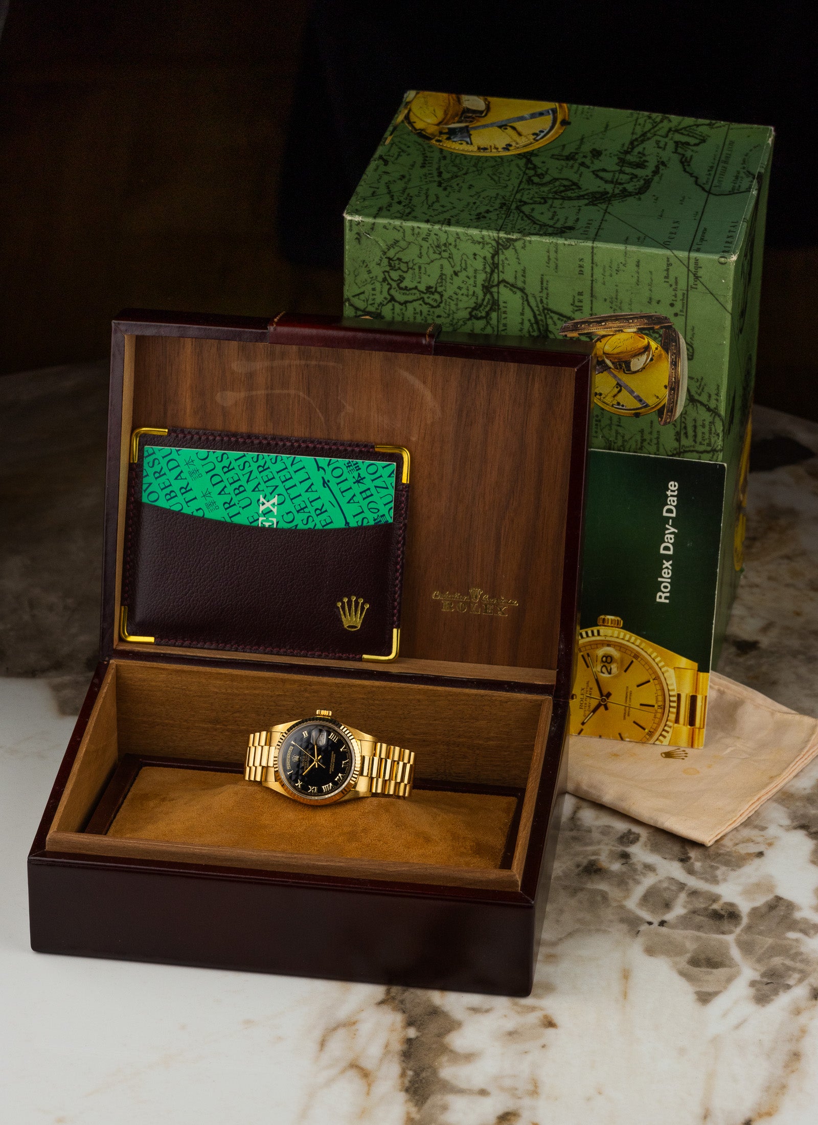 1981 18K Rolex Day-Date Black Pyramid Dial 18038 Box