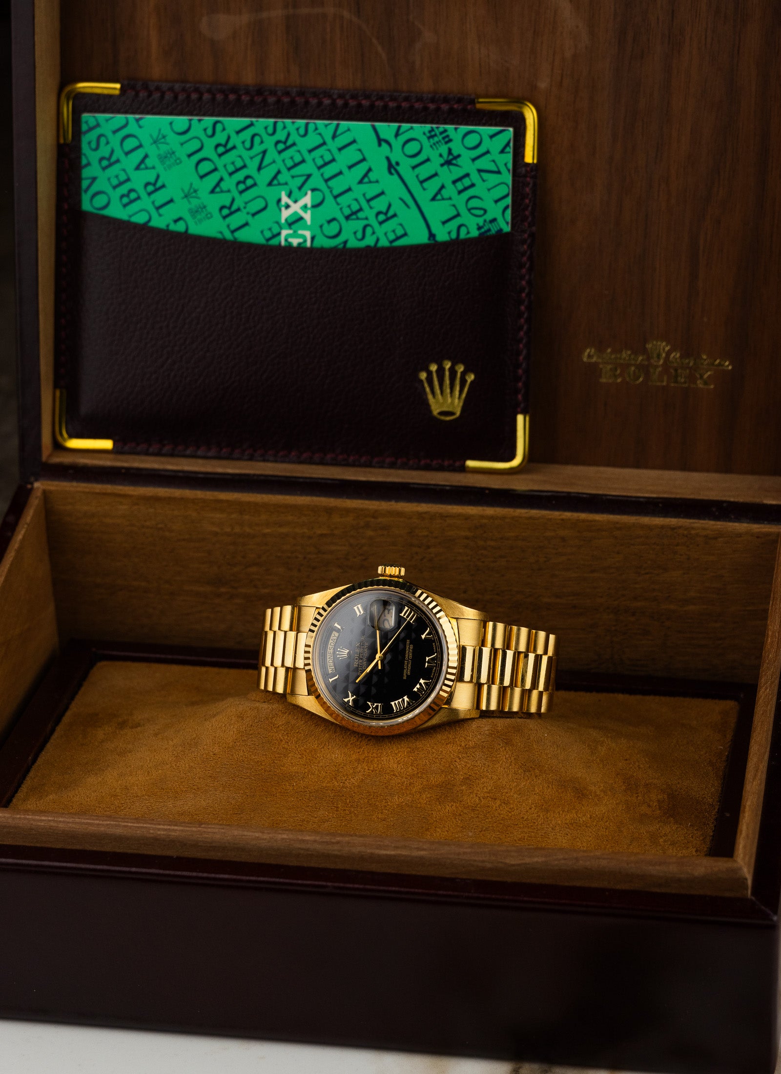 1981 18K Rolex Day-Date Black Pyramid Dial 18038 Box