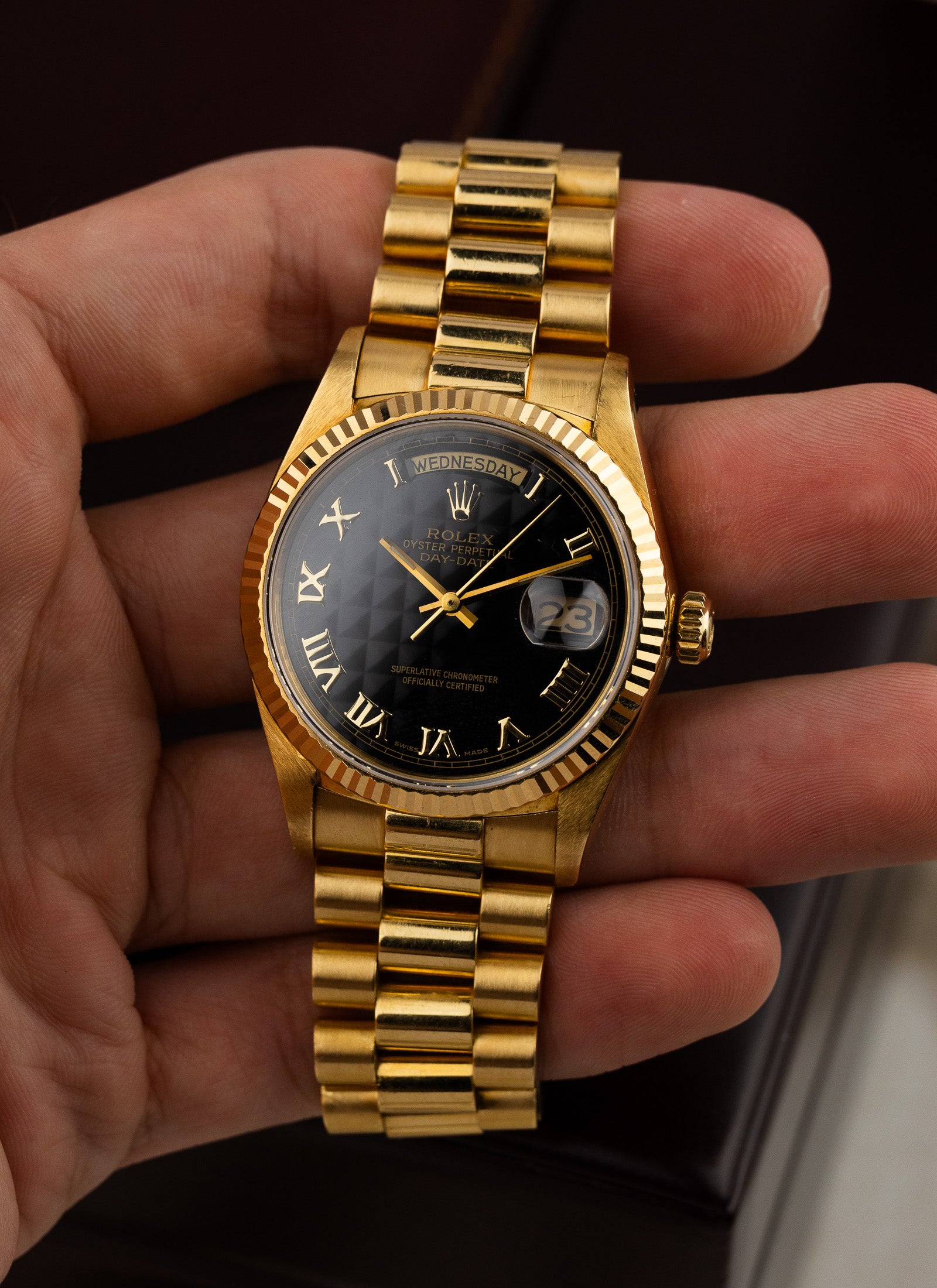 1981 18K Rolex Day-Date Black Pyramid Dial 18038 Box