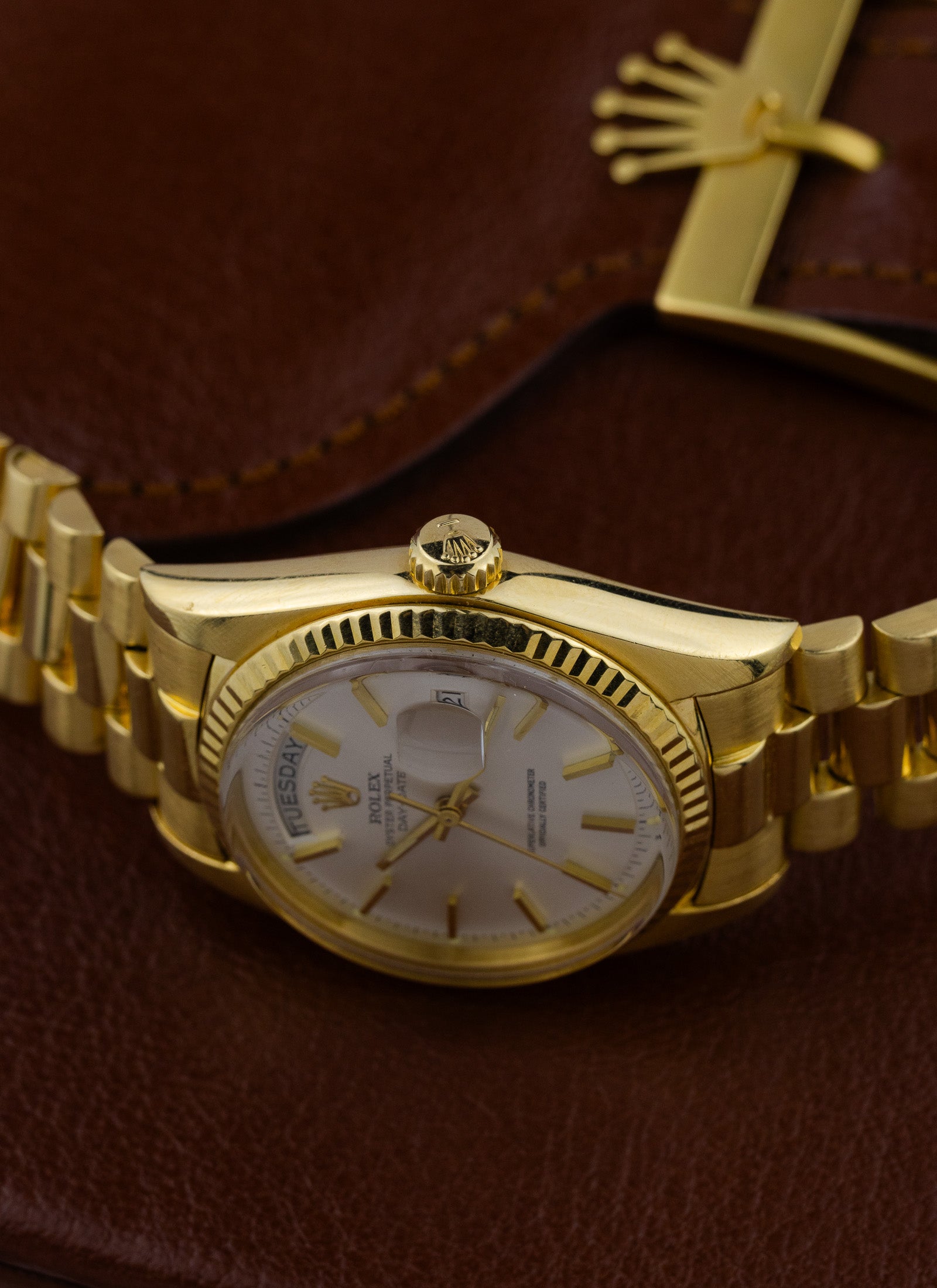 1975 18K Rolex Day-Date President Silver Pie Pan Dial 1803 Papers