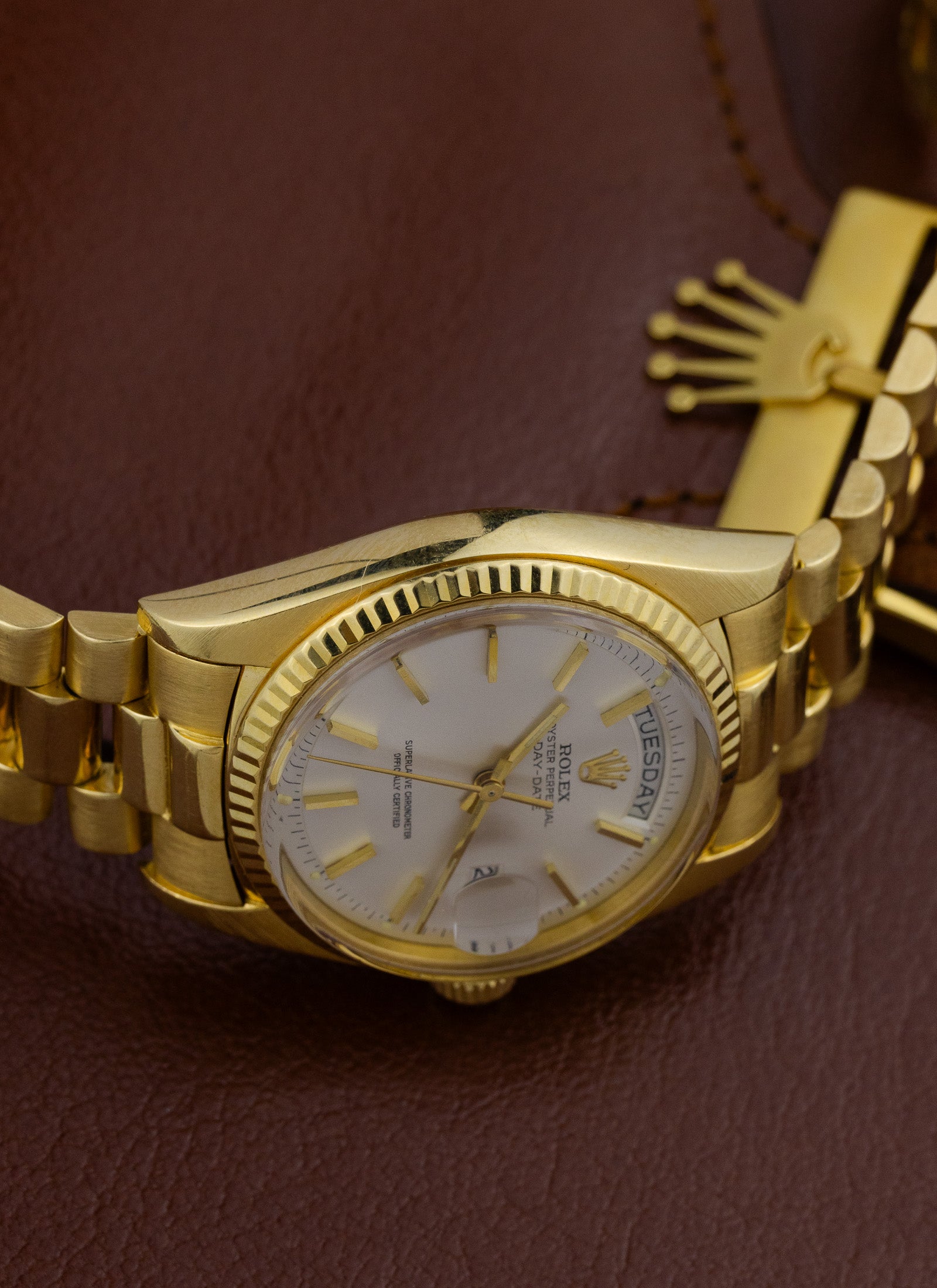 1975 18K Rolex Day-Date President Silver Pie Pan Dial 1803 Papers