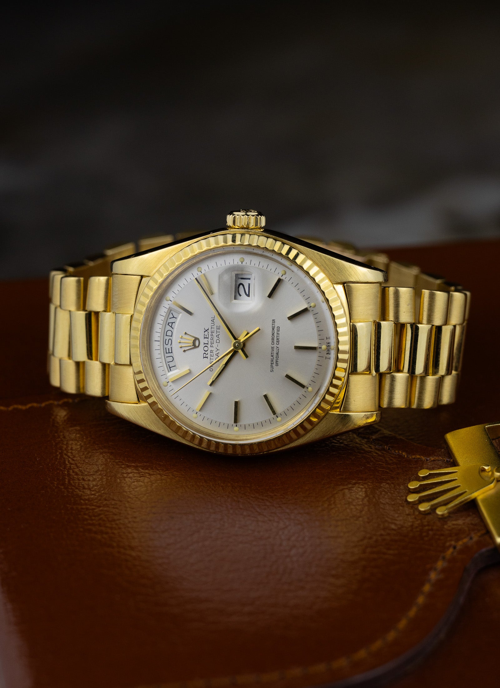 1975 18K Rolex Day-Date President Silver Pie Pan Dial 1803 Papers