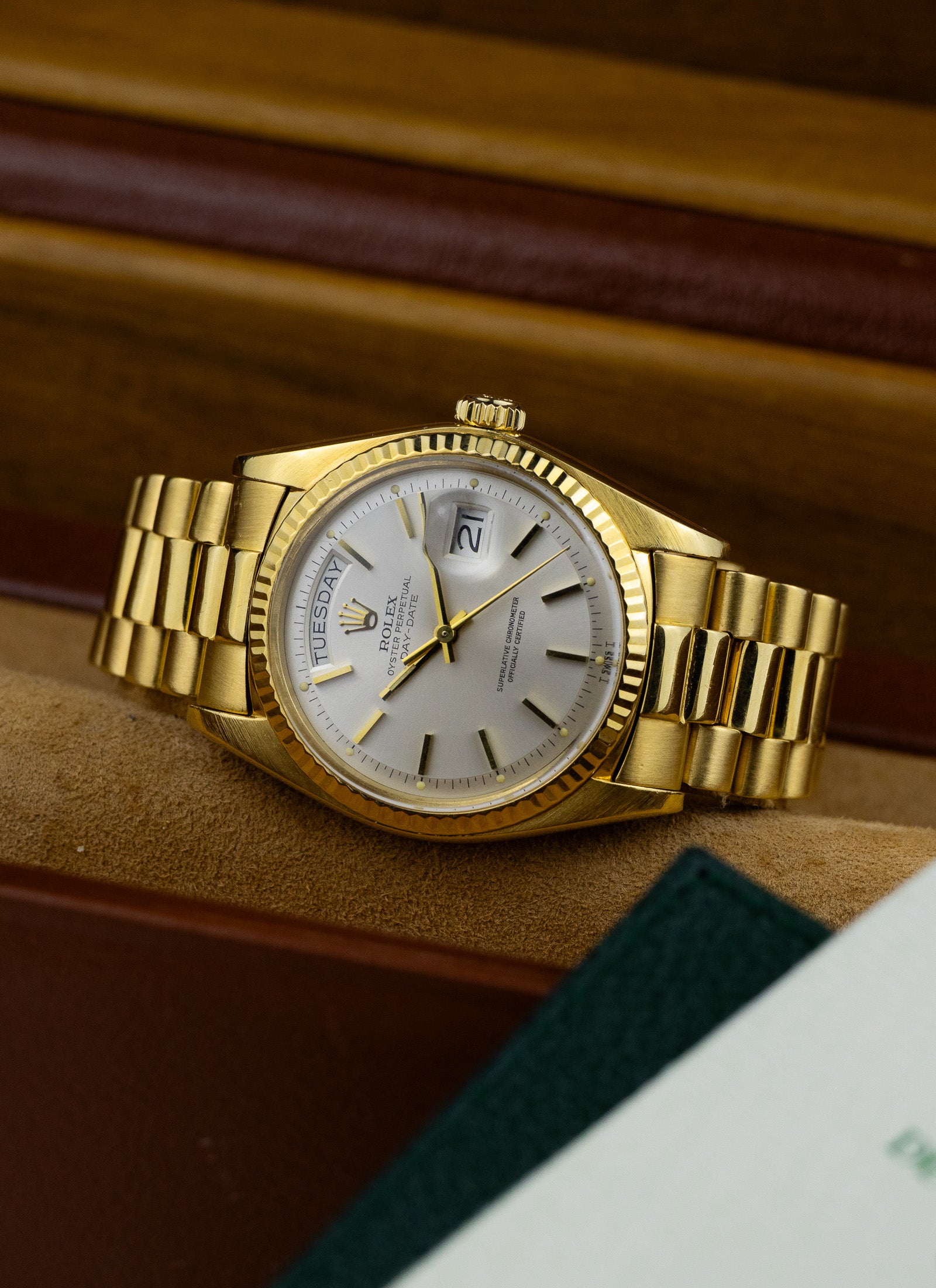 1975 18K Rolex Day-Date President Silver Pie Pan Dial 1803 Papers