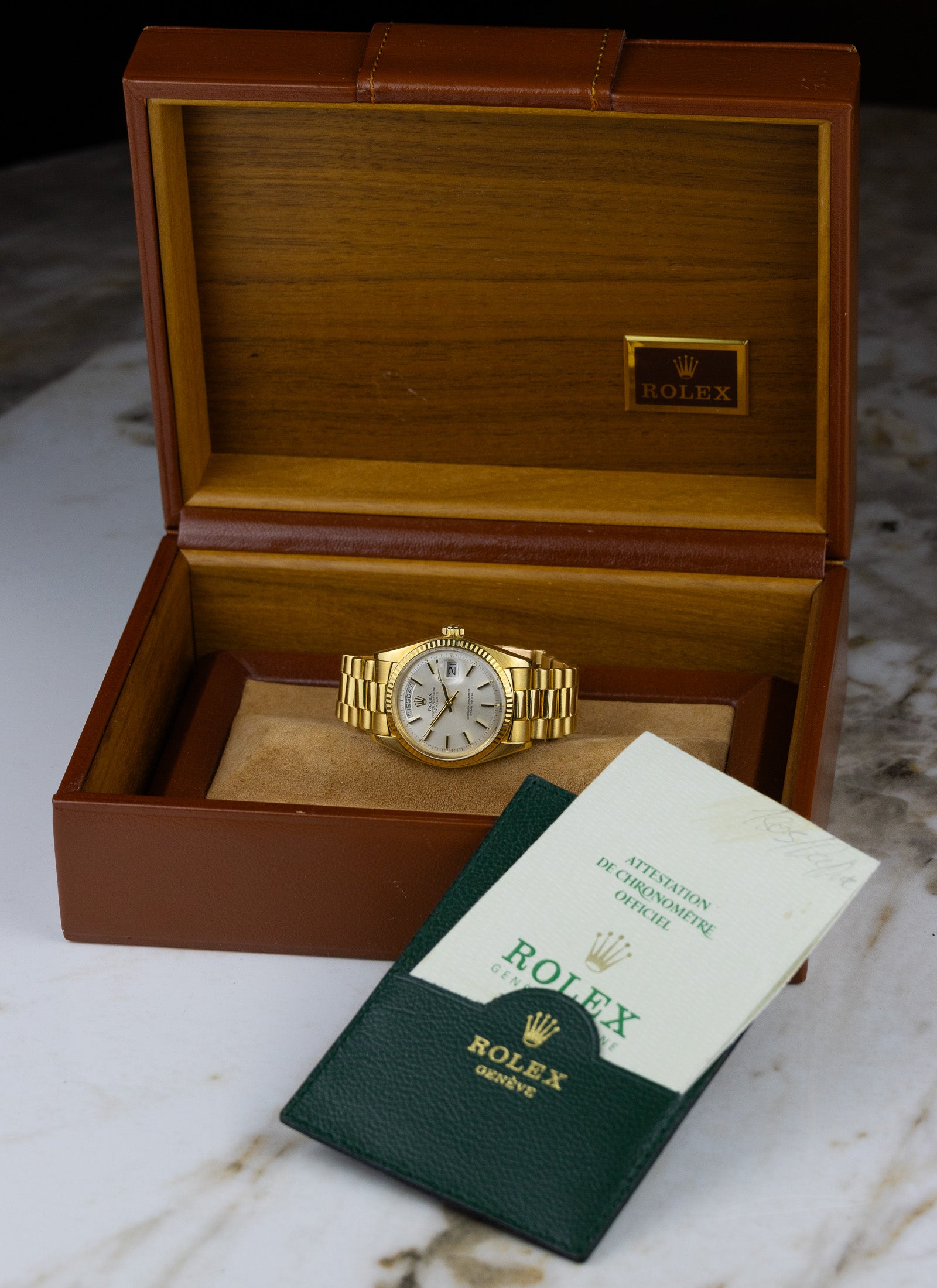 1975 18K Rolex Day-Date President Silver Pie Pan Dial 1803 Papers