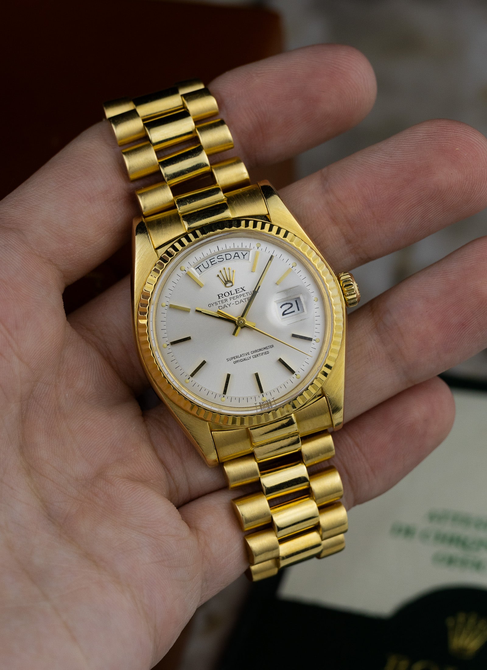 1975 18K Rolex Day-Date President Silver Pie Pan Dial 1803 Papers