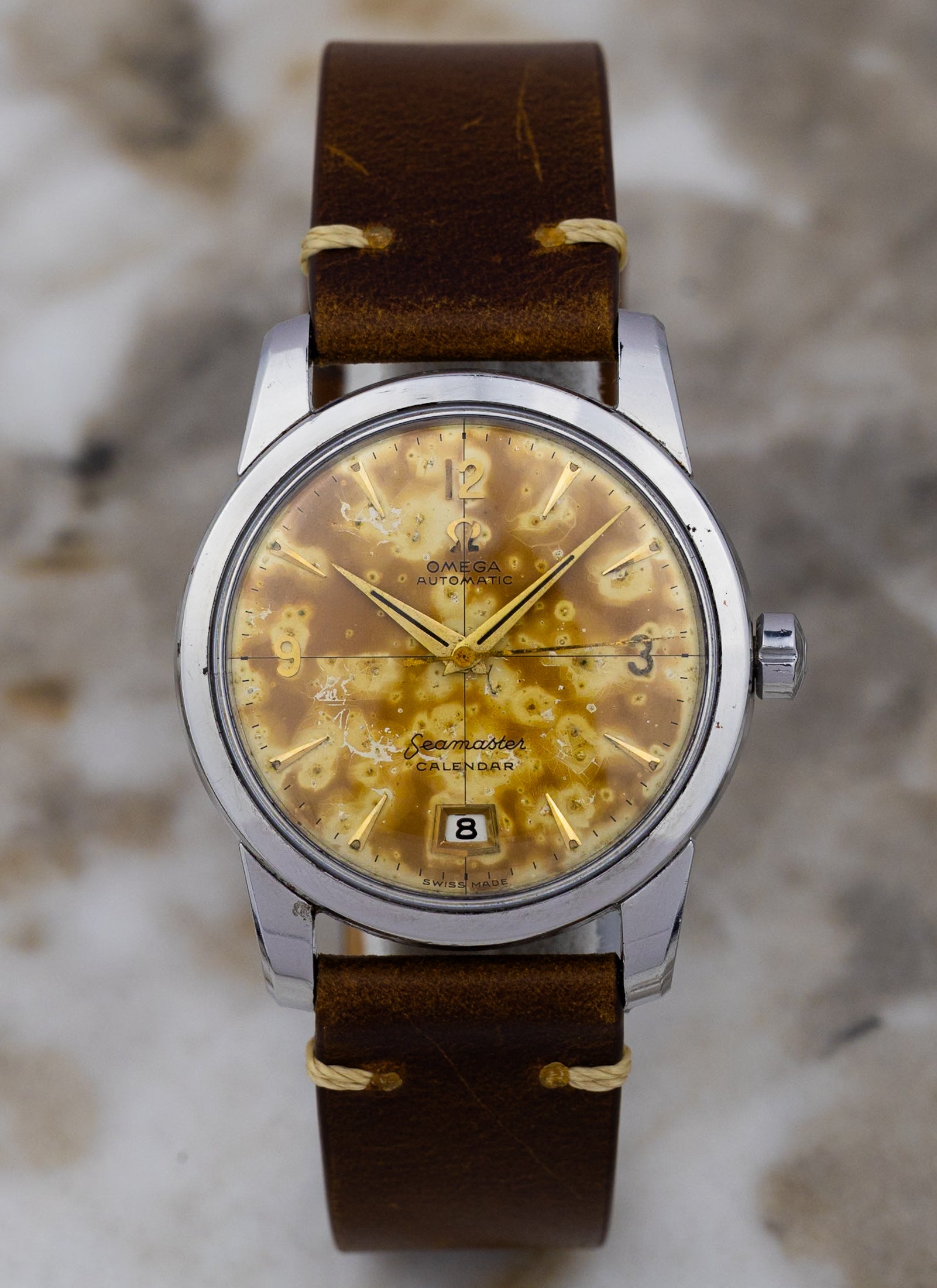 1954 Omega Seamaster Calendar Fat Lugs Leopard Patina 2757 Serviced