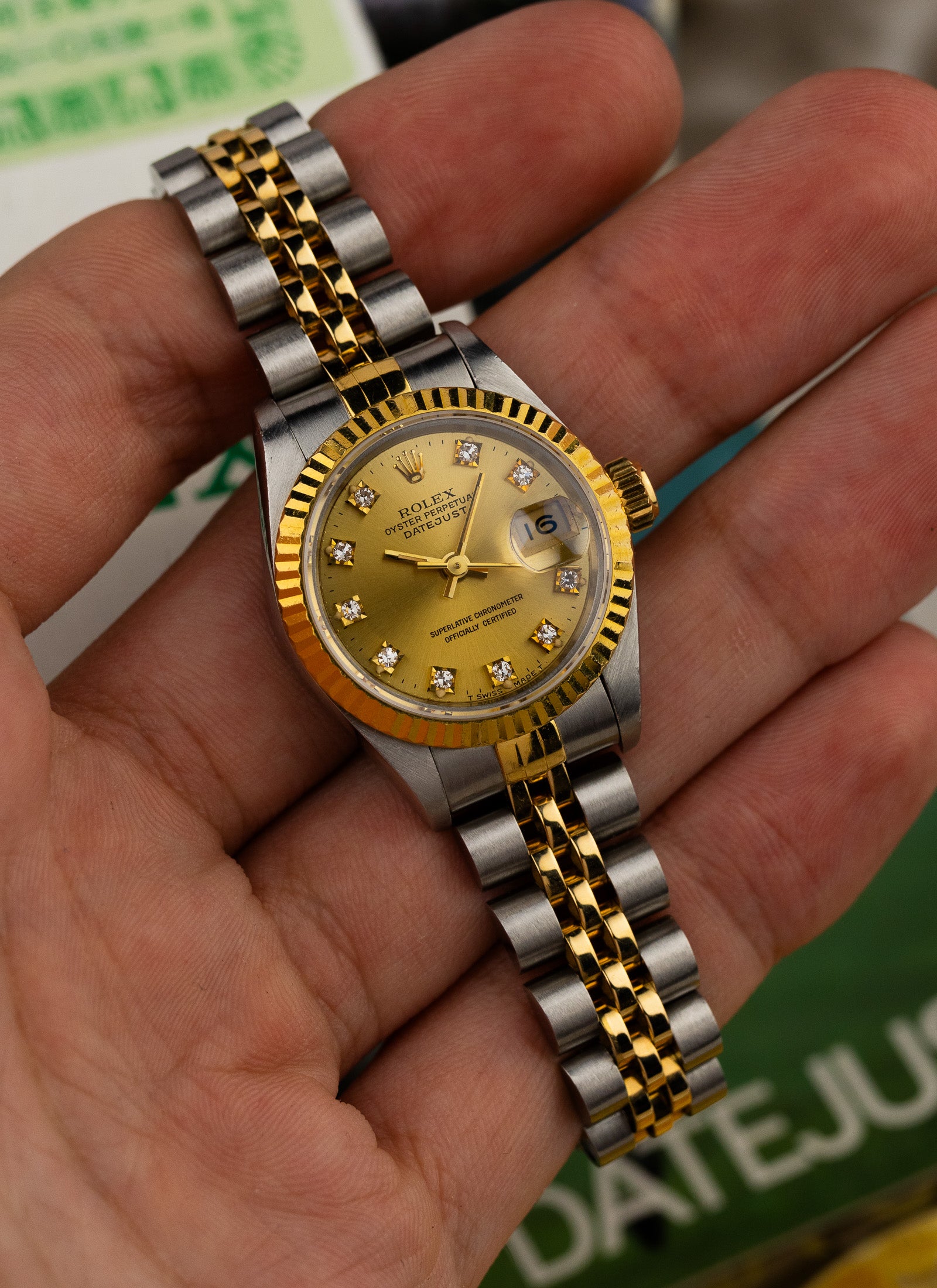 1996 Lady Rolex Datejust Bicolor Champagne Diamonds Dial 69173 Full Set