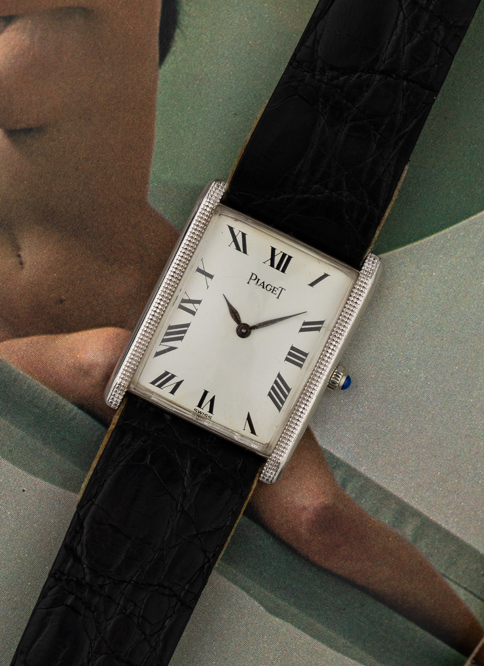 1970s 18K Piaget Tank Clous de Paris 9189 cal. 9P Serviced Pouch & Service Card