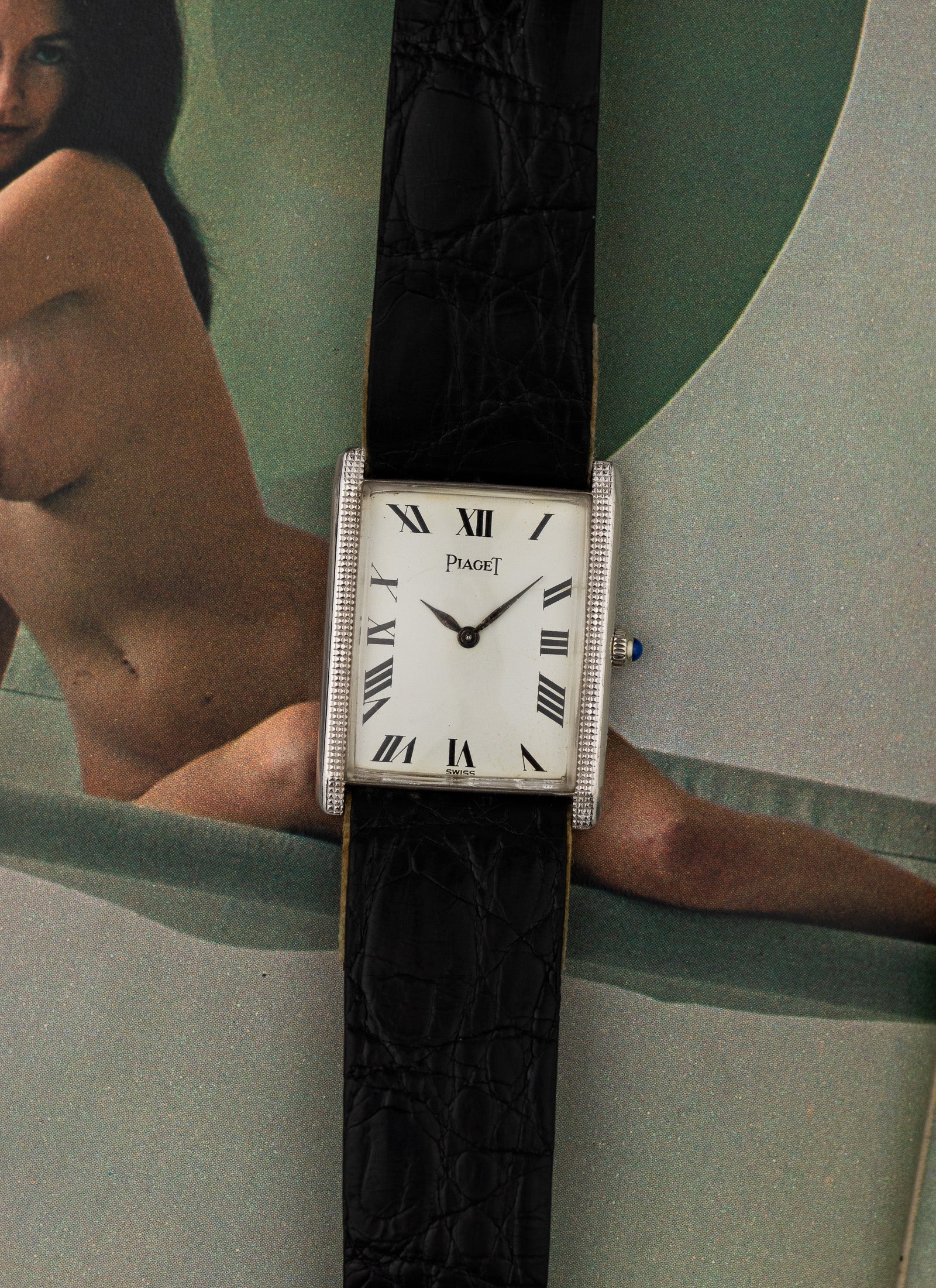 1970s 18K Piaget Tank Clous de Paris 9189 cal. 9P Serviced Pouch & Service Card