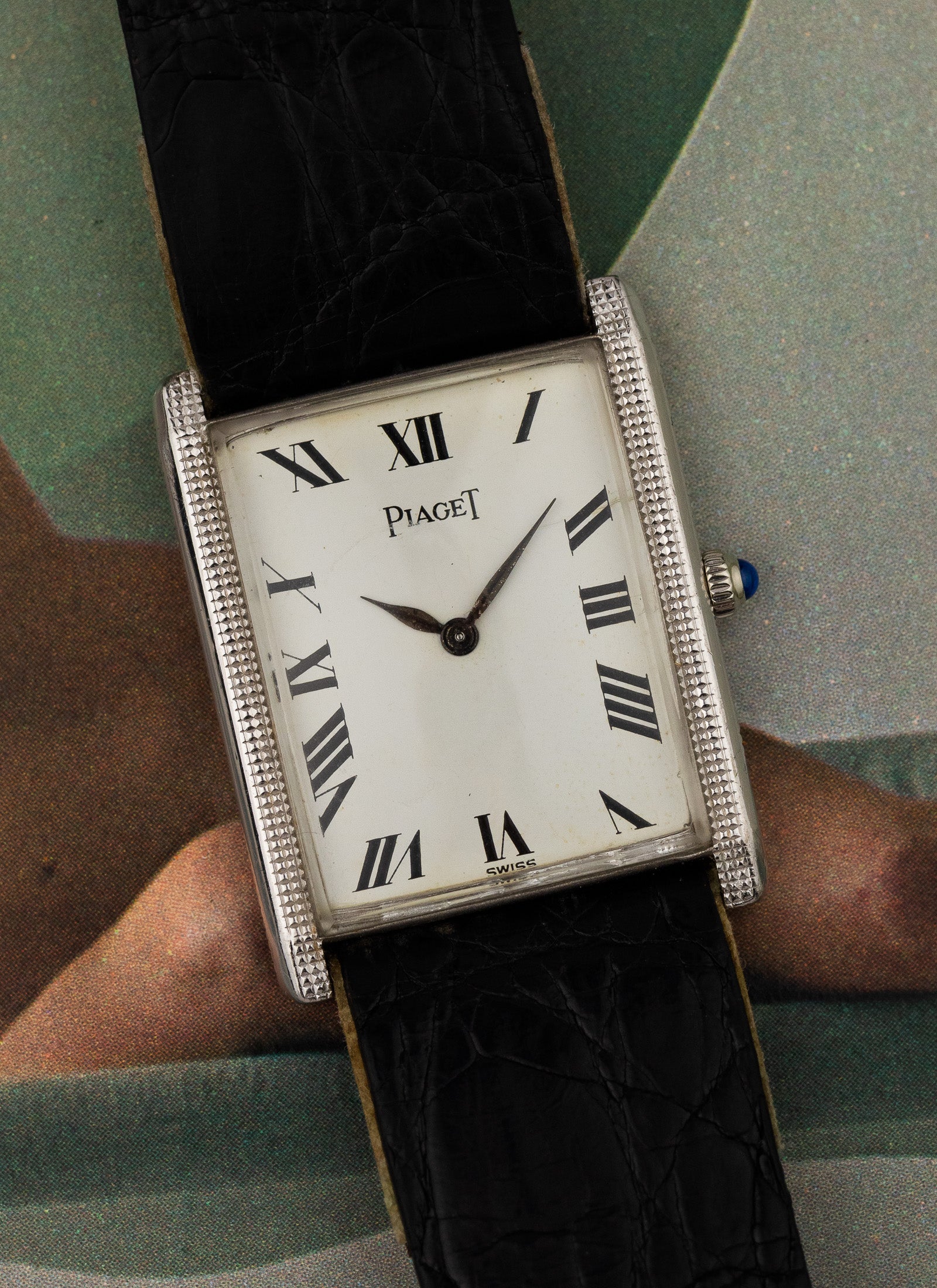 1970s 18K Piaget Tank Clous de Paris 9189 cal. 9P Serviced Pouch & Service Card
