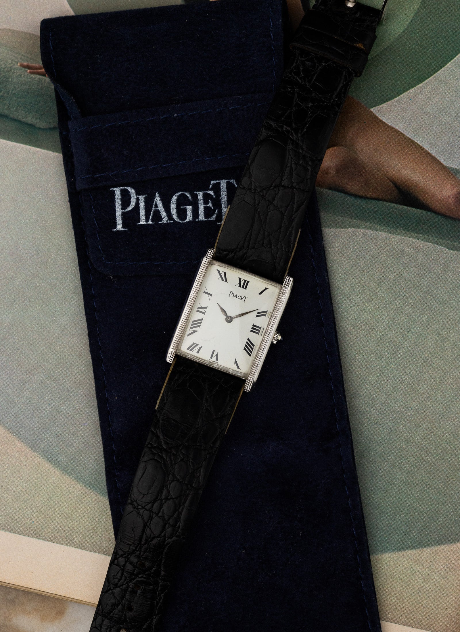 1970s 18K Piaget Tank Clous de Paris 9189 cal. 9P Serviced Pouch & Service Card