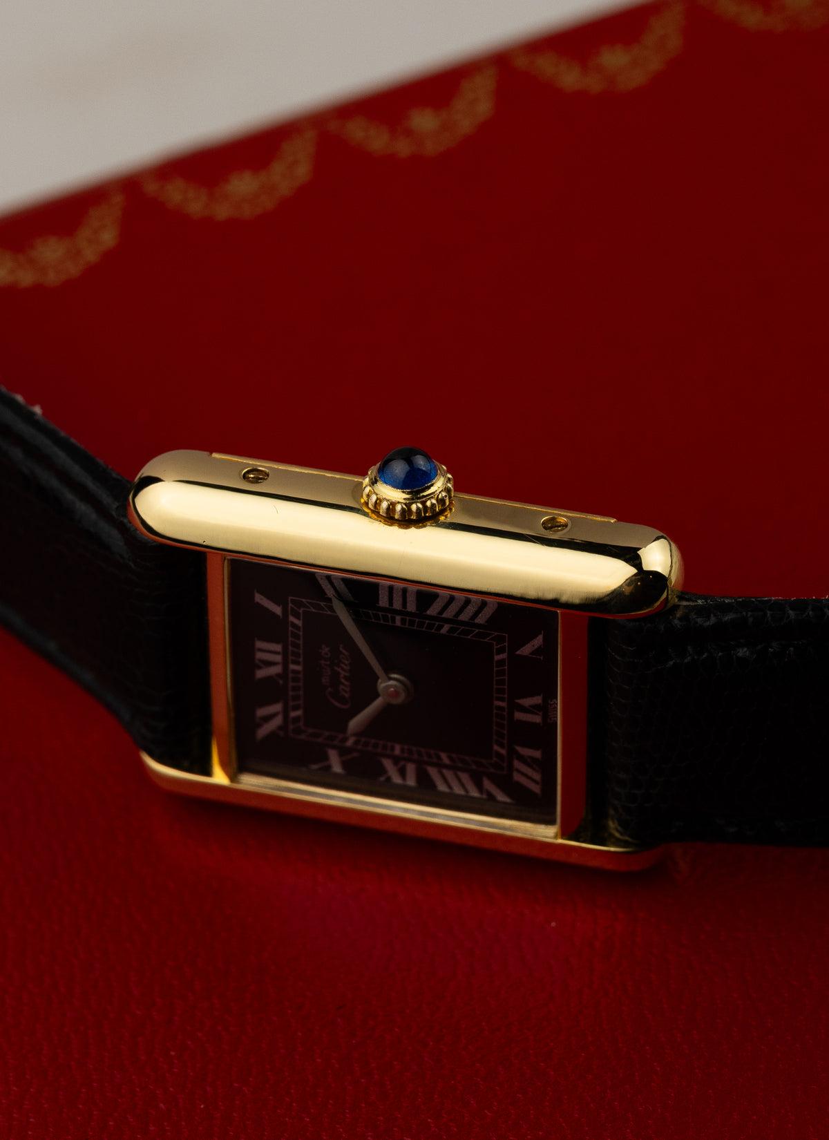 1980s Lady Cartier Must Tank Black Dial Manual Winding Serviced Box